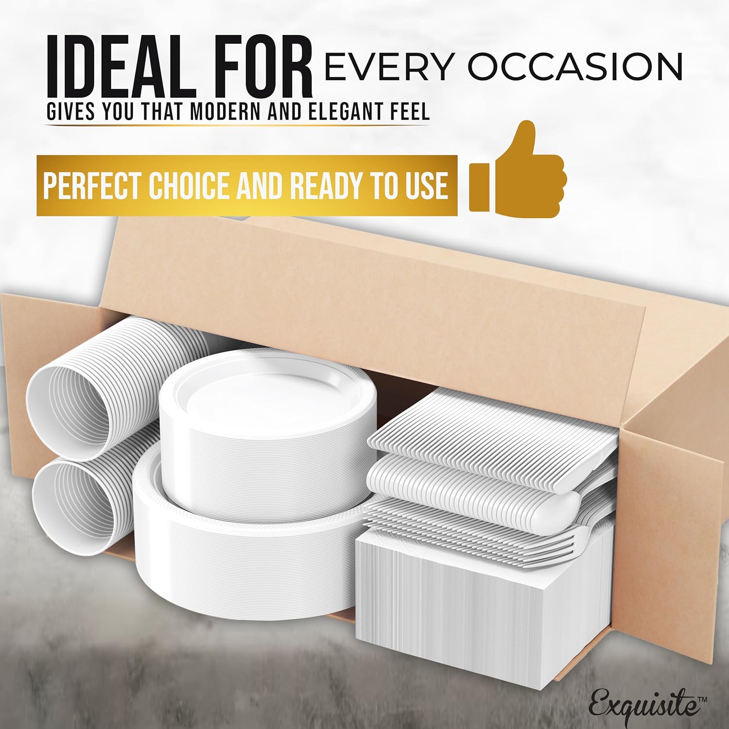 Party Solids 350 Pieces White Plastic Plates For Party, White Disposable Plates Set, 50 Of Each 9" Dinner Plate Set, 7" Dessert Plate, Cups, Napkins & Cutlery Plastic Dinnerware - Image 4