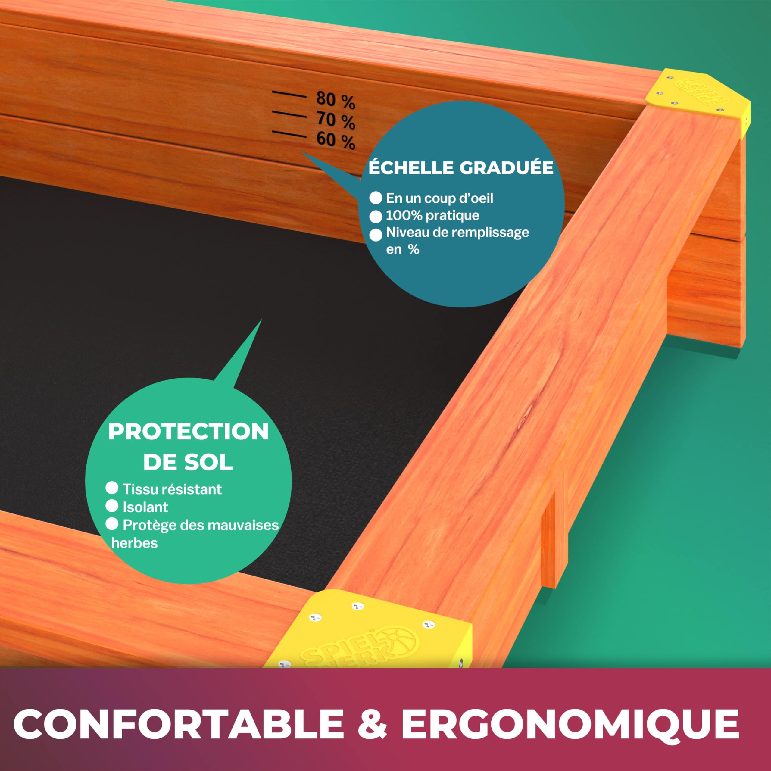 SPIELWERK® Bac à Sable en Bois Merle 143x130x130cm Aire de Jeux cabane Protection UV 50+ Jeu pour Enfants extérieur Jardin