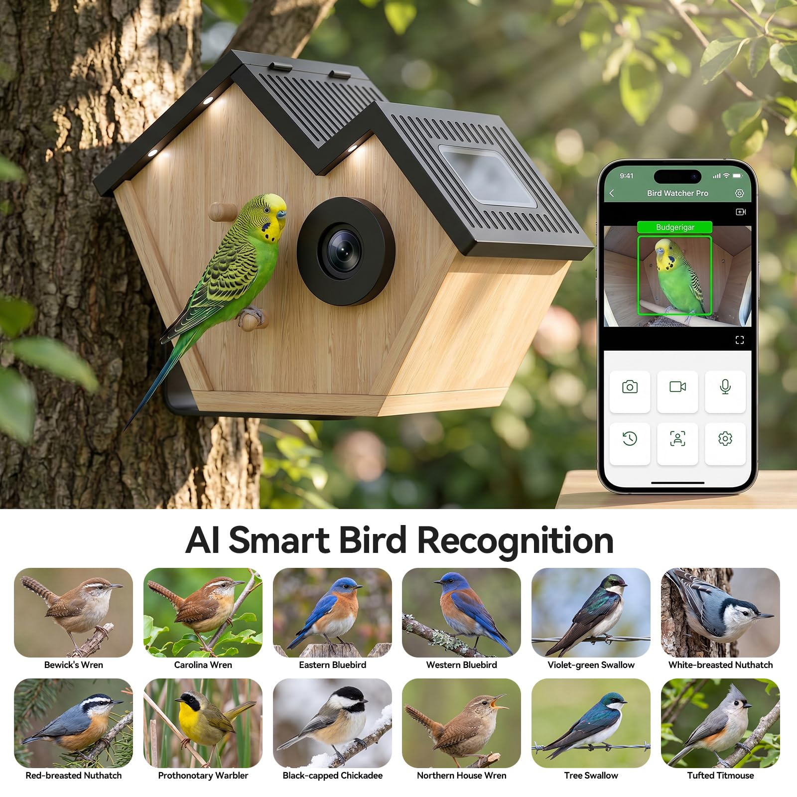 Caja nido inteligente con cámara, casa de pájaros con cámara, nido para pájaros para exteriores, resistente a la intemperie, comedero para pájaros, reconocimiento de aves AI, visión nocturna, vista en