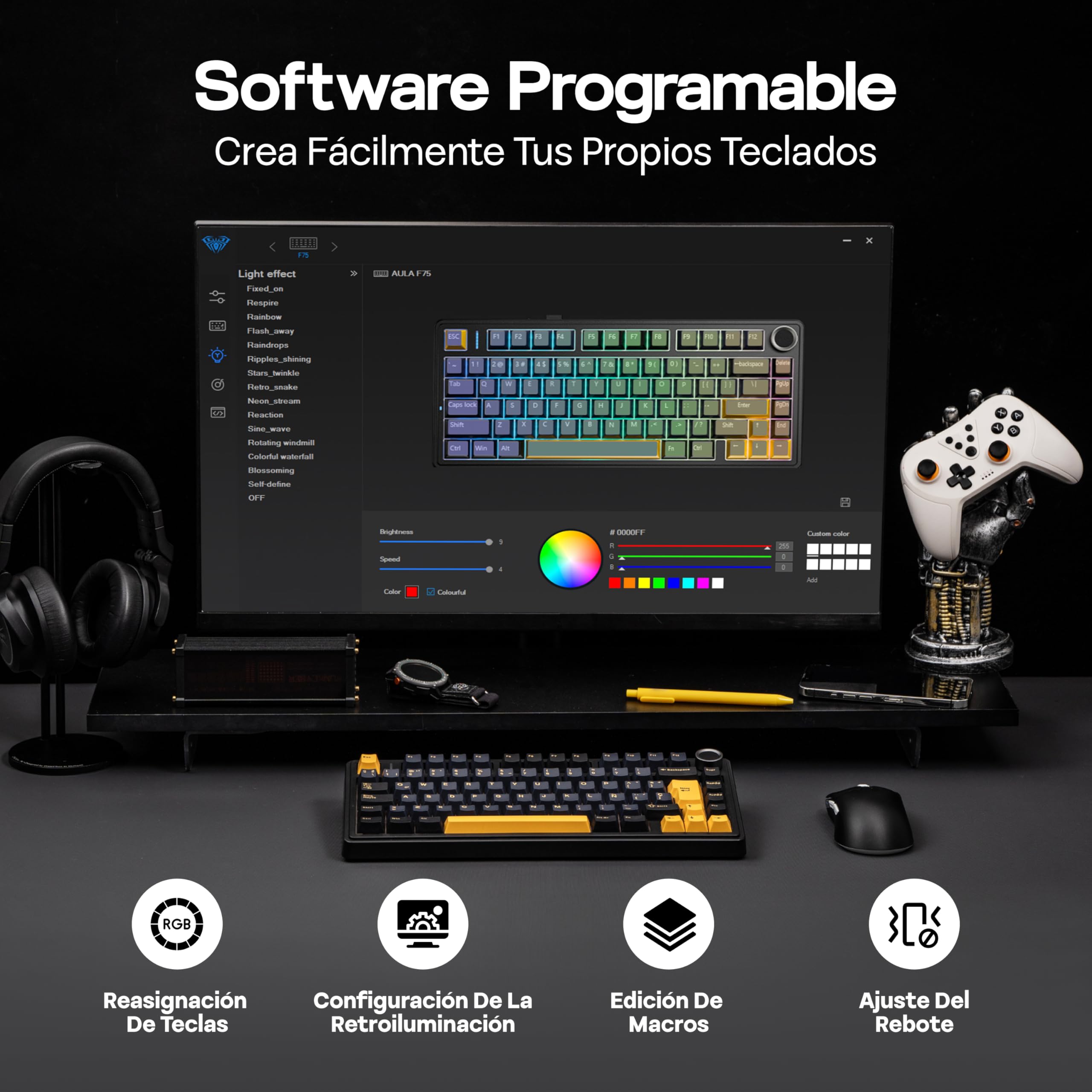 MechLands Aula F75 75% Teclado Mecánico para Gaming, Distribución QWERTY Español, Retroiluminación RGB, Teclado BT5.0/USB-C/2,4 GHz Con Mando Giratorio, Reaper Switches para Win/Mac ()