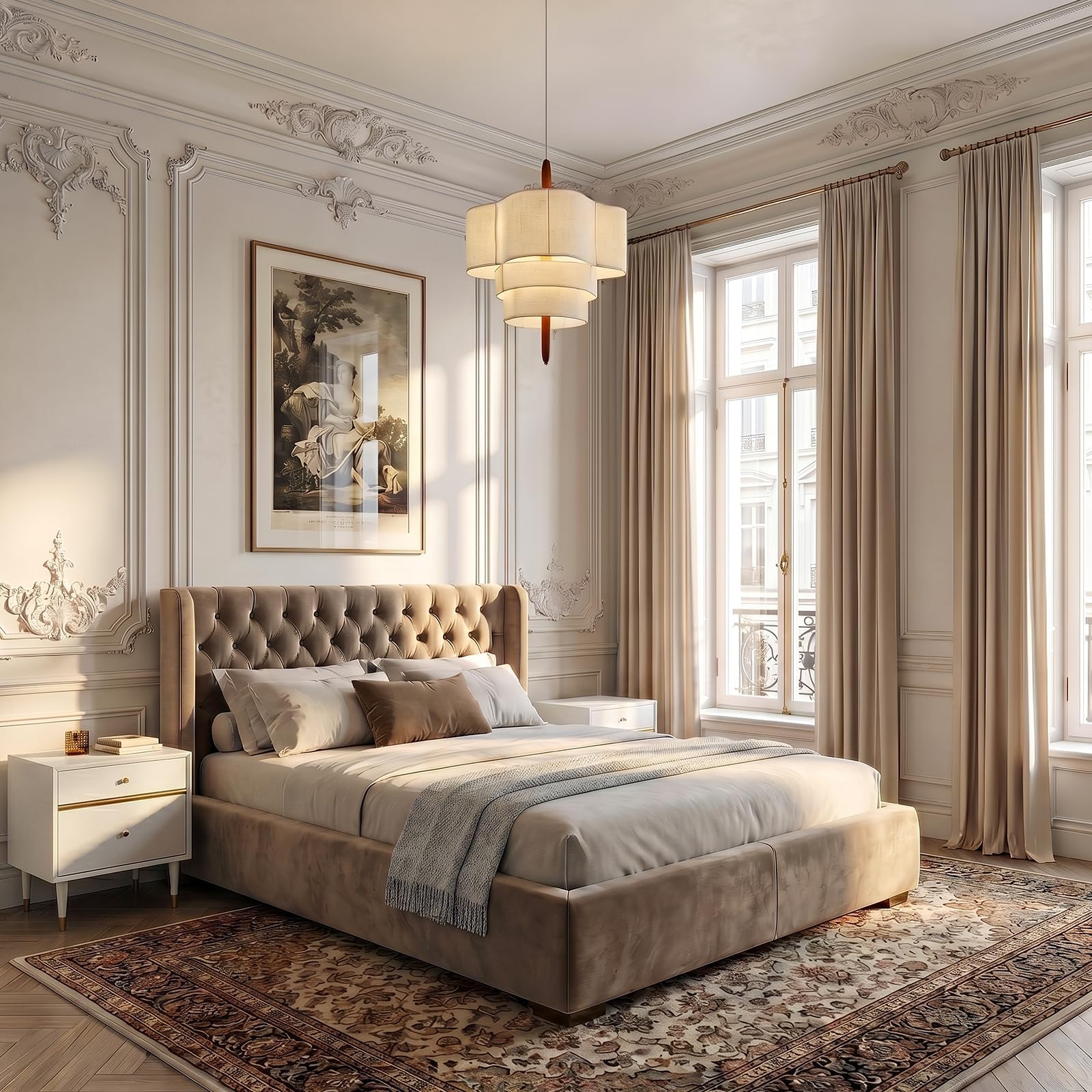 Lampadario Camera Da Letto Lino,40 cm Lampadario Soggiorno A 3 Piani Con Decorazione In Oro, Metallo E Legno Massello,Altezza Regolabile E27 Moderno Lampadari Cucina Per Cameretta Ristorante