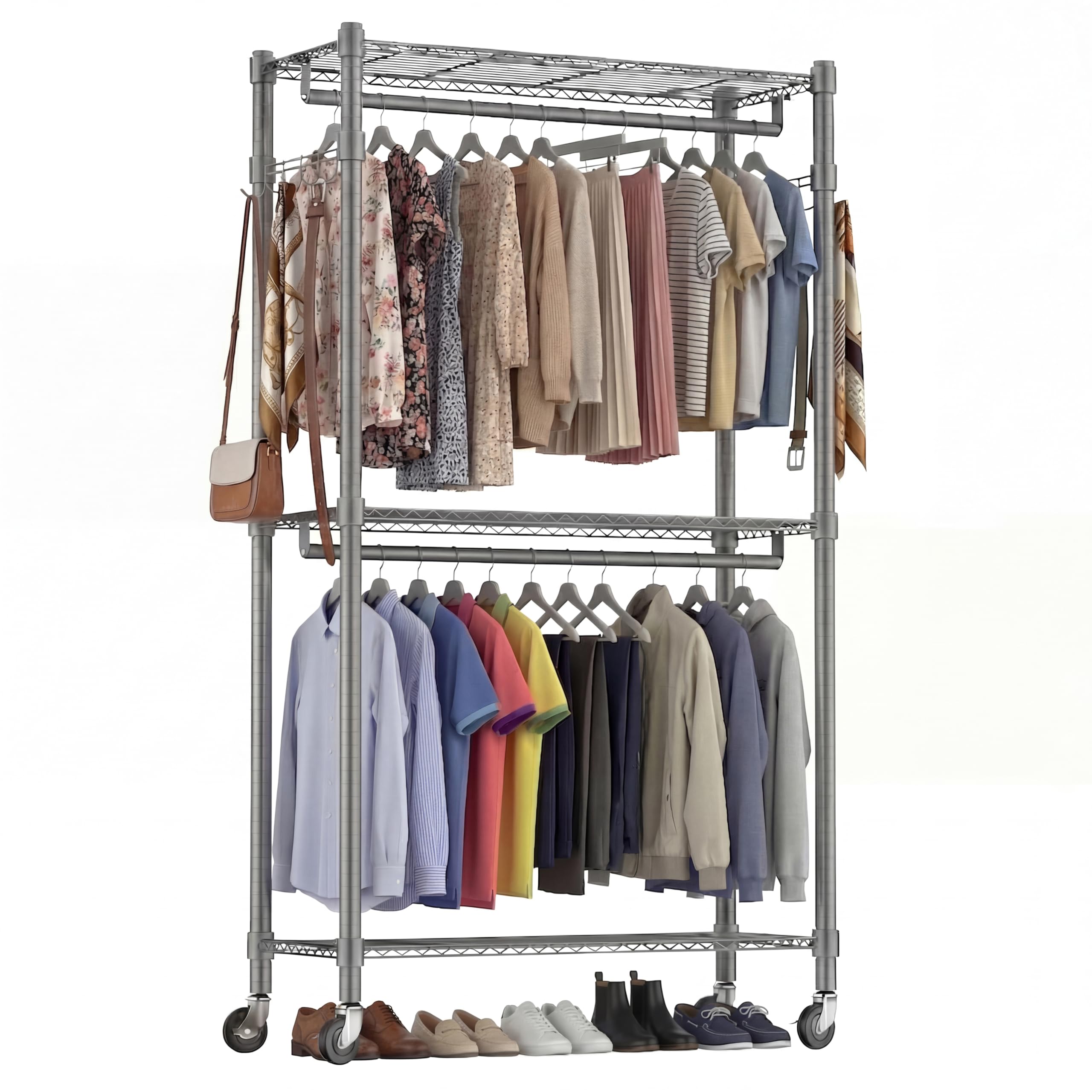 Himimi Double Rod Garment Rack / 3 tier Clothes Rail with Height-Adjustable Shelves,Clothes Rack with 2 Hooks, Clothes Rails with Wheels, 60 * 42 * 205cm,Grey