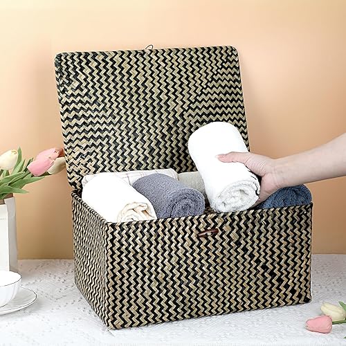 Vista 19 de Hipiwe Cestas de mimbre con tapa, cesta de pastos marinos tejida a mano, cestas rectangulares para el hogar, cajas para estantes, armario, Café