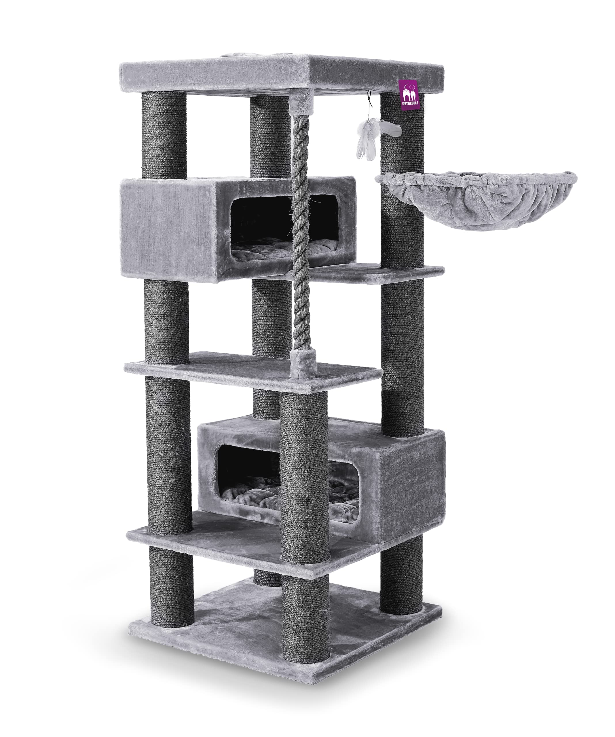 Petrebels Kratzbaum XXL Turnpike 190, Katzenbaum für Maine Coon & große Katzen, Stabiler Katzenkratzbaum 190 cm hoch mit 15 cm Sisalstämmen, Hängematte, Katzenhöhlen & Liegeflächen in Grau