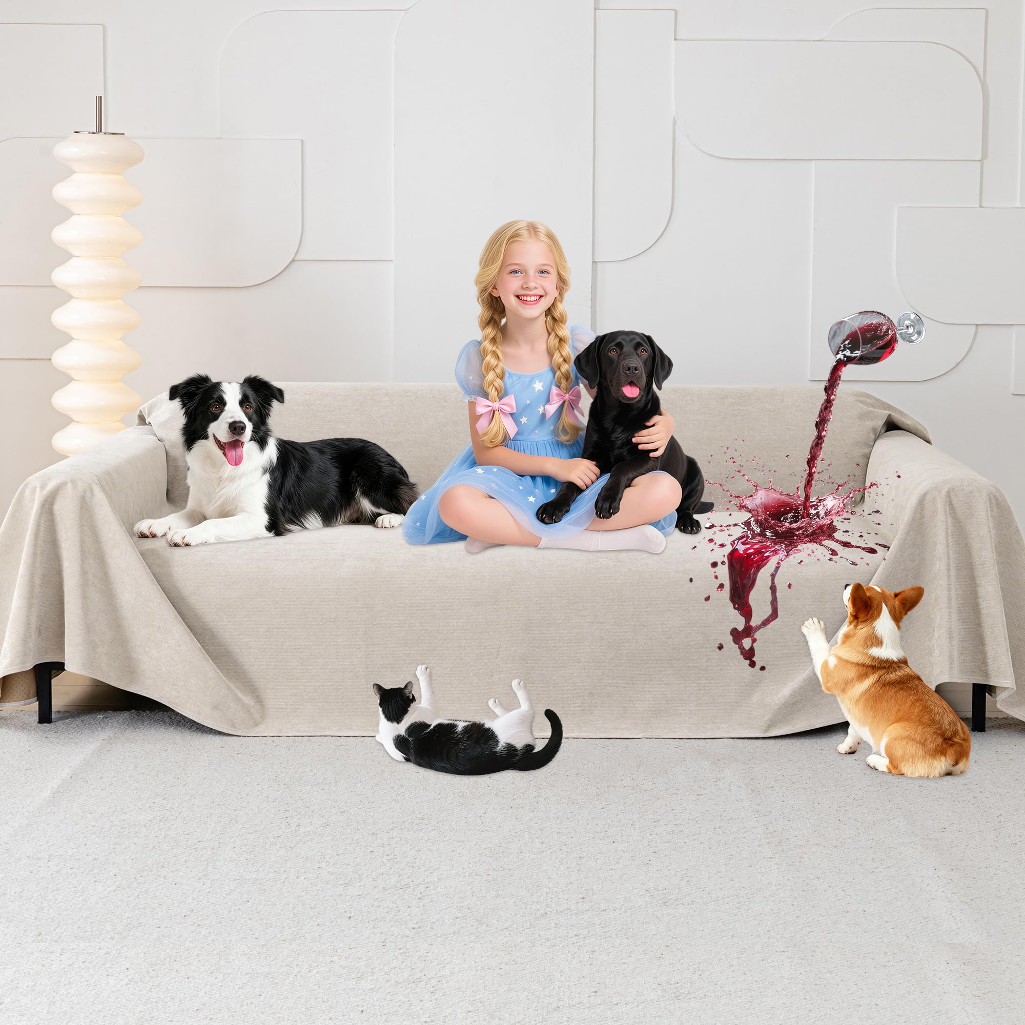 Loiion Large Non-Slip Sofa Covers, 100% Waterproof Sofa Covers, Sofa Chaise Longue Cover for Dogs, Anti-Fur Covers for Scratches Cats and Pet Dogs, Light Coffee, 380 x 180 cm