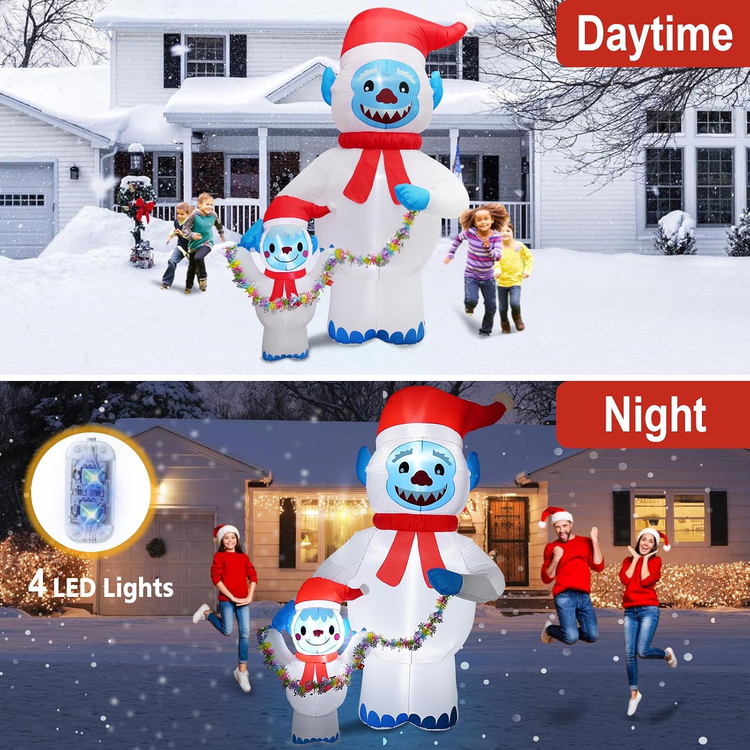 8FT Christmas Inflatables Yeti Family with Santa Hat, Christmas Blow up Yard Decoration Inflatable Snowman Monster Built-in 4 LED for Christmas Decorations Outdoor Indoor Xmas Gifts