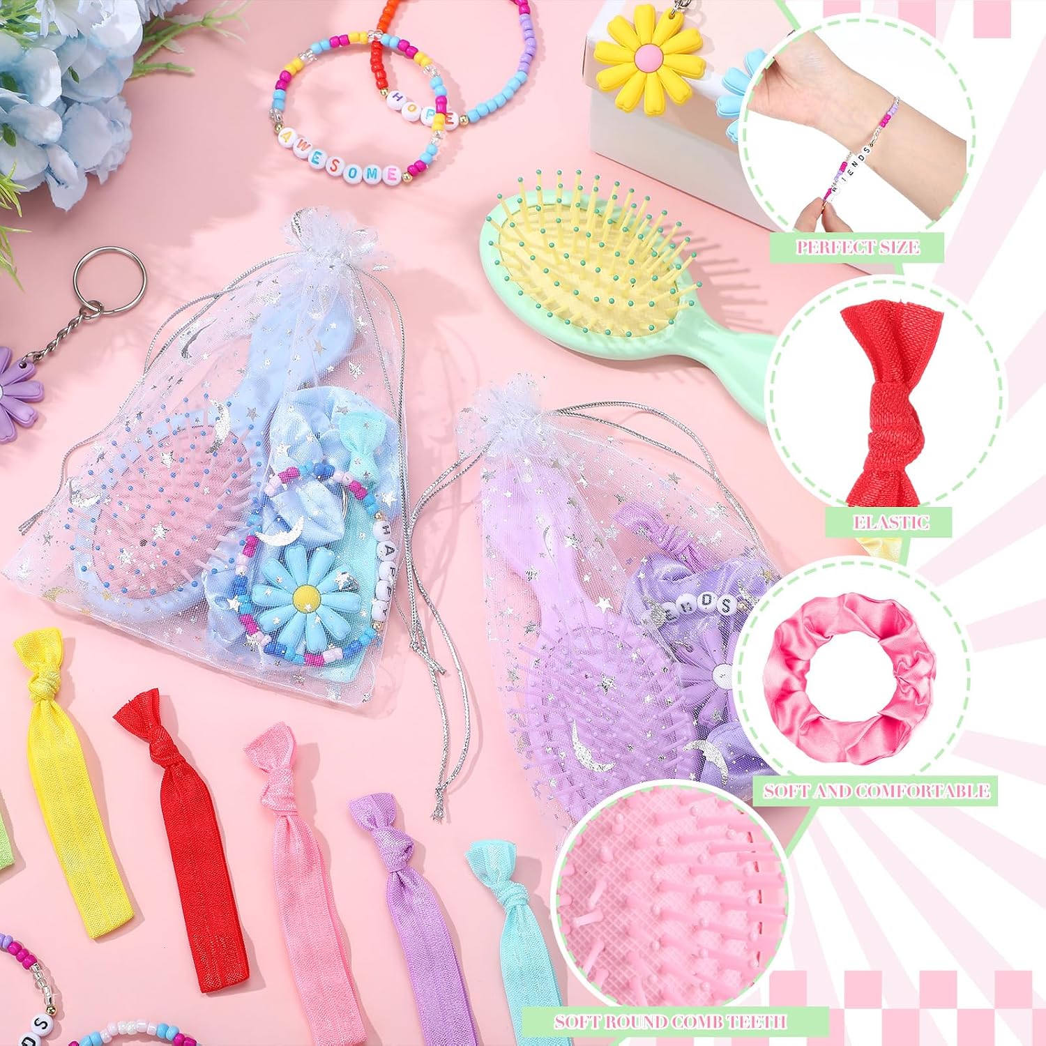 XunYee 72 Pcs Girls Friendship Birthday Party Favors Bracelet Hair Gift Set for Woman- Positive Bead Bracelets, Scrunchies, Hair Ties, Brushes, Keychains Organza Bags for Teacher Nurse Employees Trip image 3