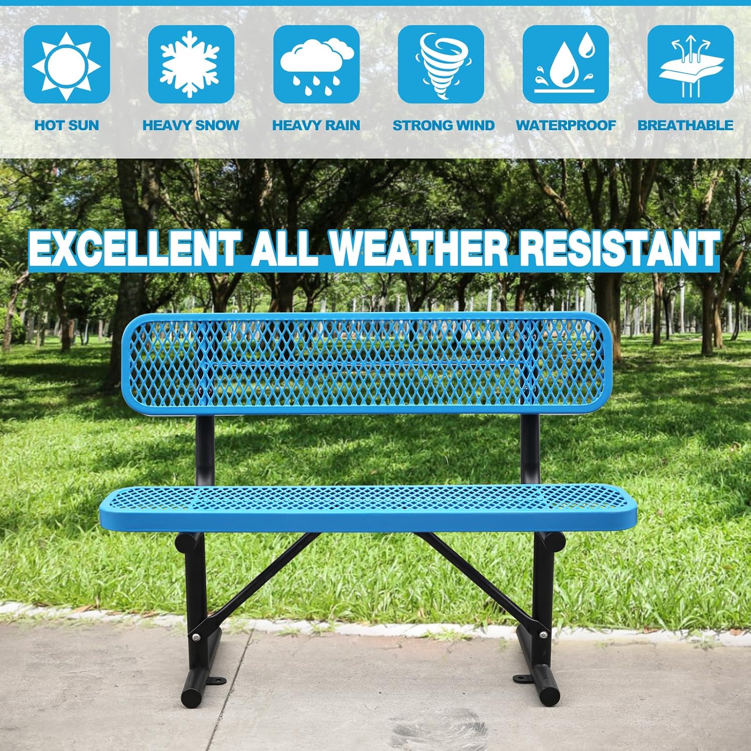 4FT/48INCH Heavy Duty Metal Park Bench for Outside, Outdoor Garden Benches with Backrest & Portable Frame, Expanded Metal Mesh Bench for Shopping Malls, Lawn, Park, Deck, Patio, Porch, Blue