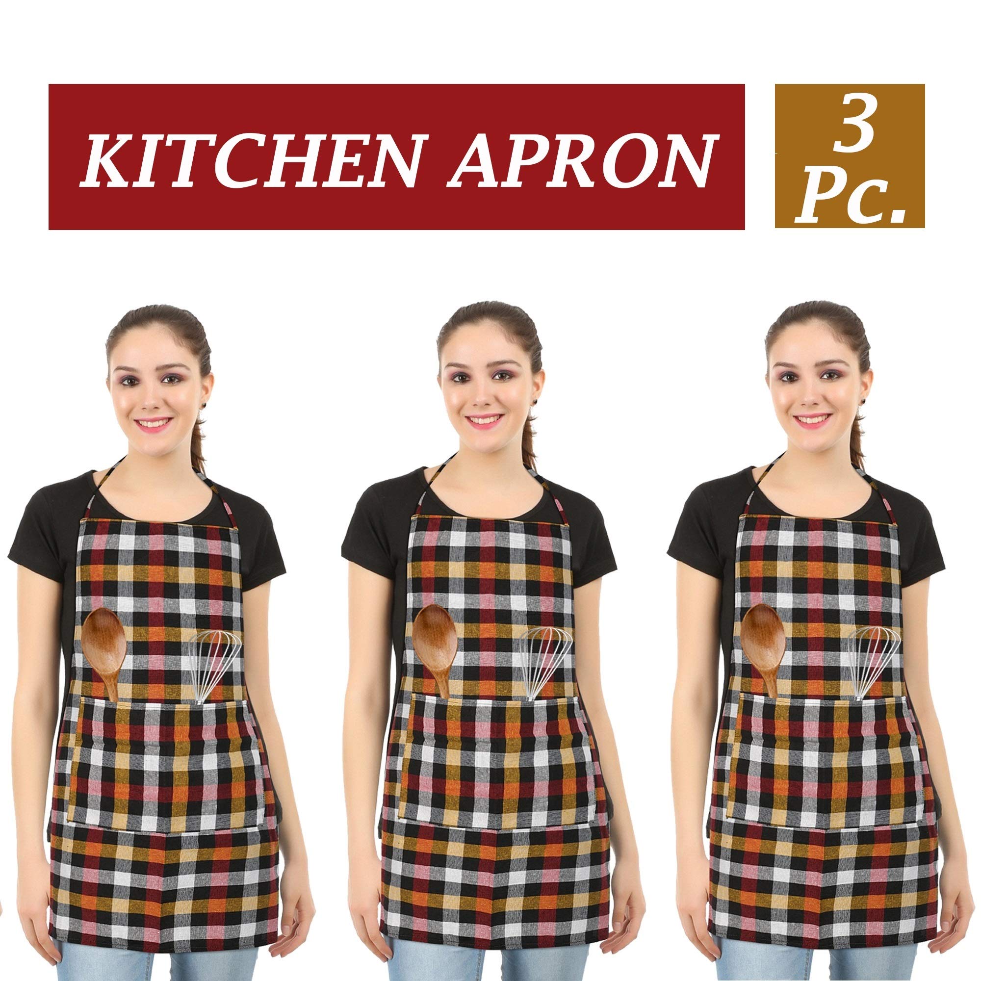 E-Retailer® Set of 3 Pc. Waterproof Cotton Kitchen Apron with Front Pocket & Adjustable Ties Closure for Men & Women (Color-Multicolor, Size-26x21 Inch )