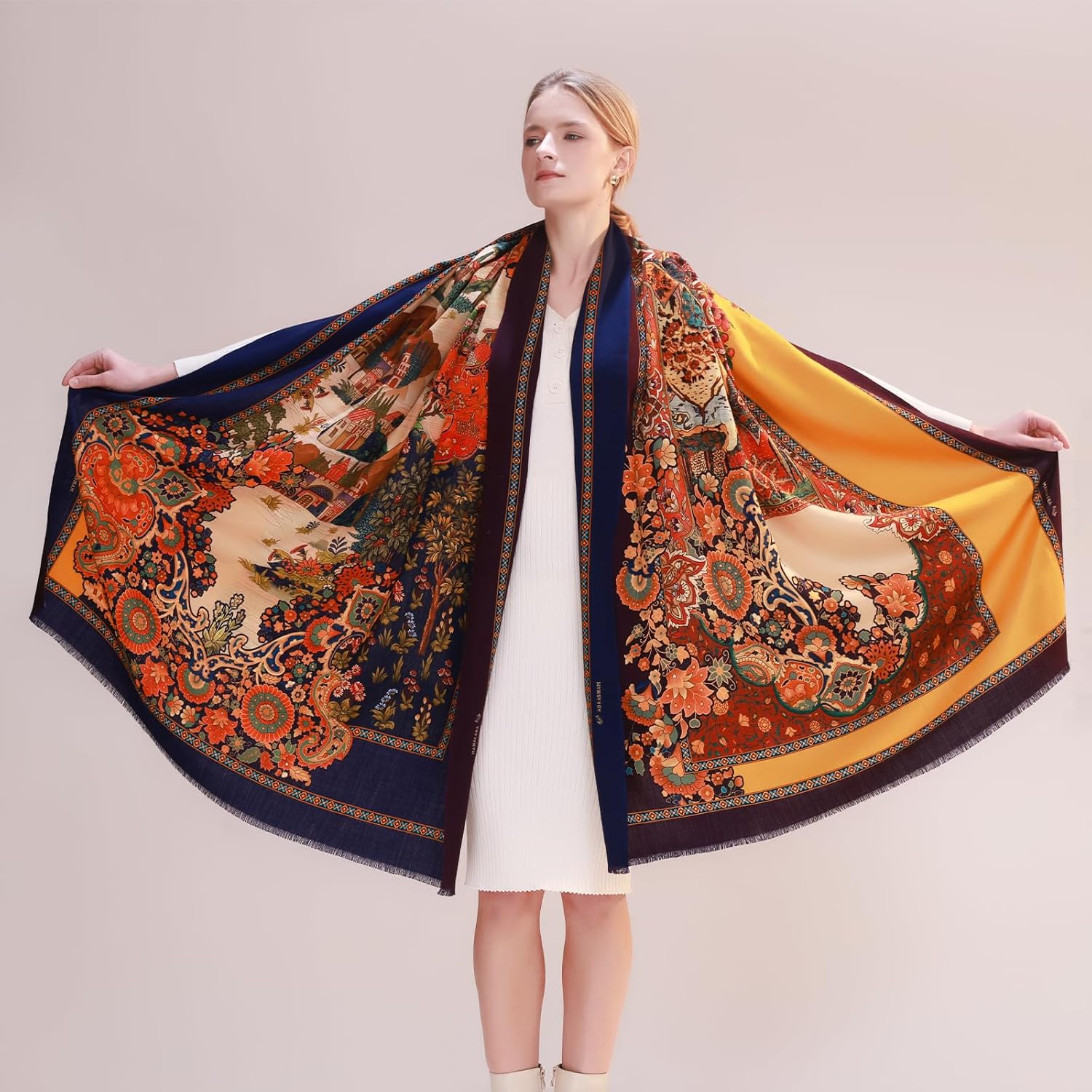 DANA XU Double-Sided Reversible 100% Merino Wool Pashmina Shawl and Wraps for Women Extra Large Soft for Dresses and Travel - Image 3