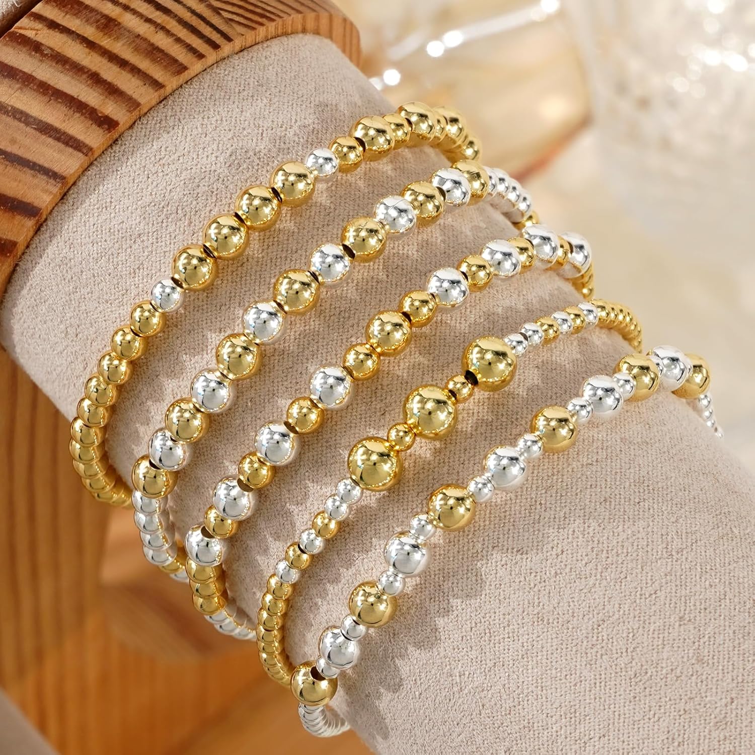 Gold Bracelets for Women Stackable 14K Gold Silver Plated Beaded Bracelets Stack Elastic Stretch Non Tarnish Bead Ball Stack Stretch Adjustable Dainty Jewelry Trendy Prom Gifts for Women - Image 5
