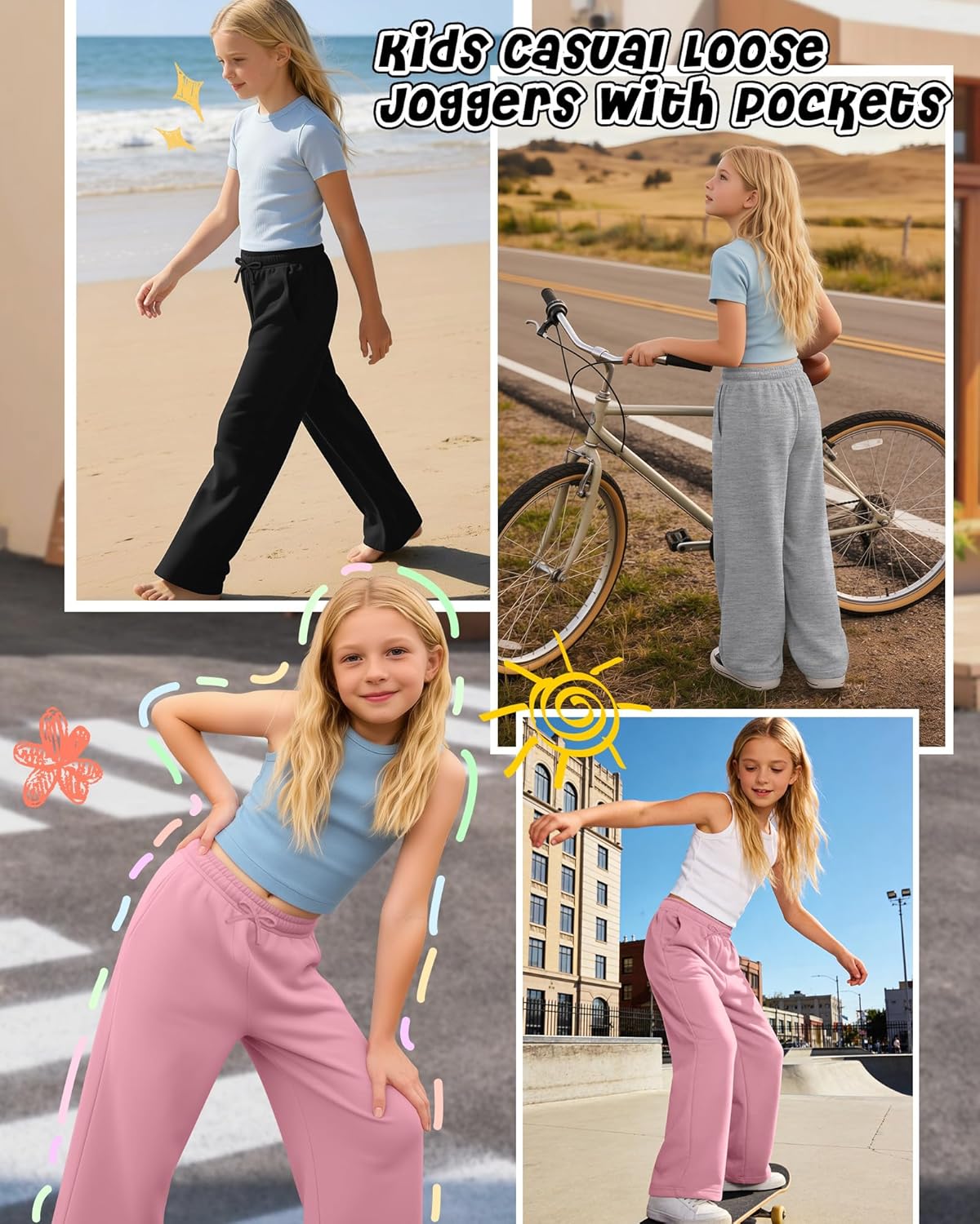 3 Pack Girls Sweatpants Elastic Waist Wide Leg Pants with Bow Kids Casual Loose Joggers with Pockets 5-14 Years