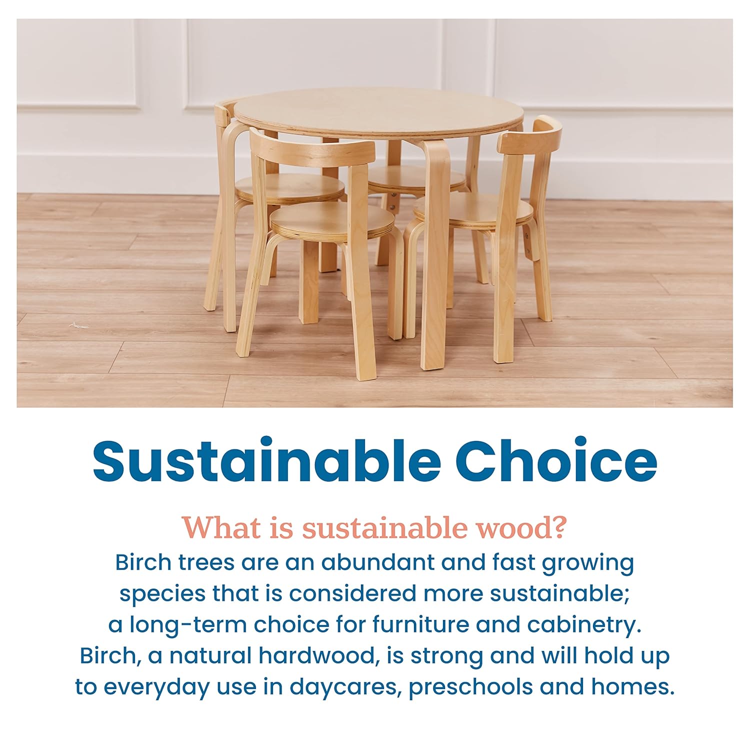 ECR4Kids Bentwood Round Table and Curved Back Chair Set, Kids Furniture, Natural, 5-Piece