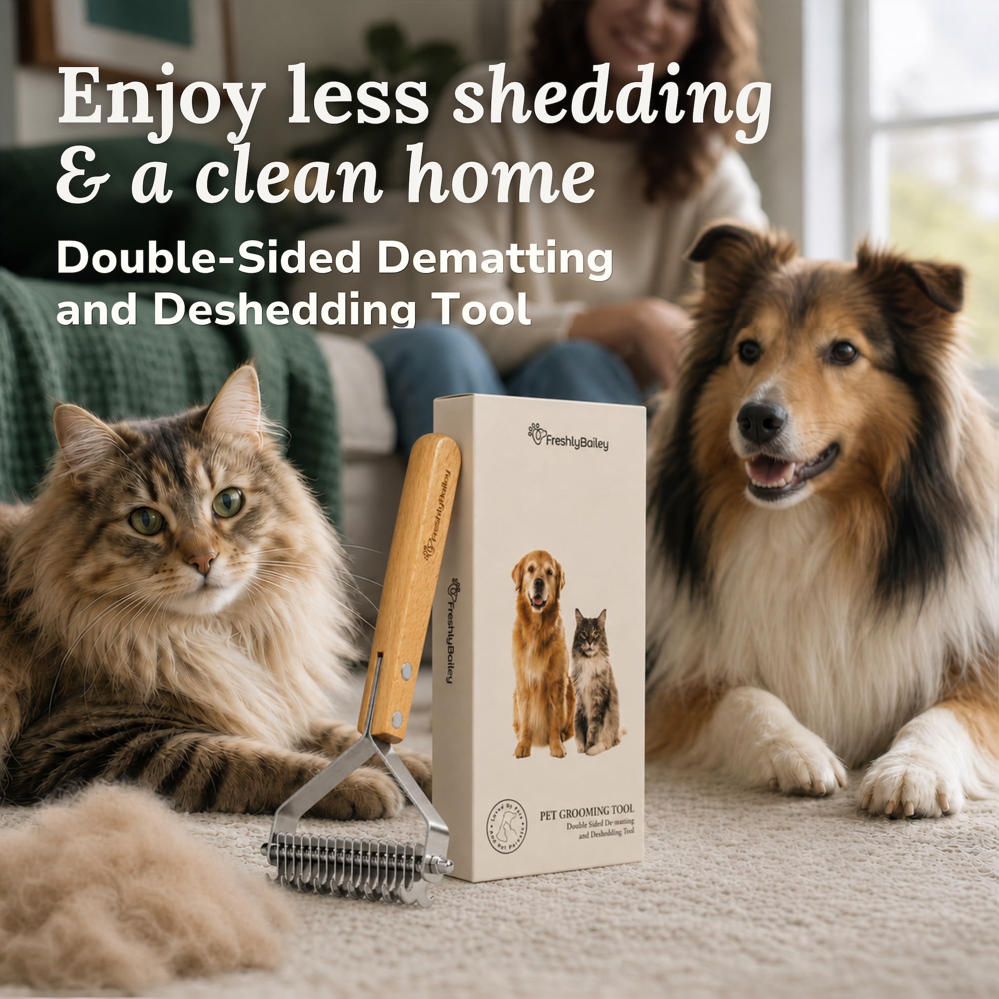 Freshly Bailey Pettine per cani e gatti, strumento di rimozione e rimozione del tappetino, districante sicuro per peli opachi, rastrello per sottopelo a due lati | per cappotti medio-lunghi per allentare i tappetini e rimuovere i peli sciolti del sottopel