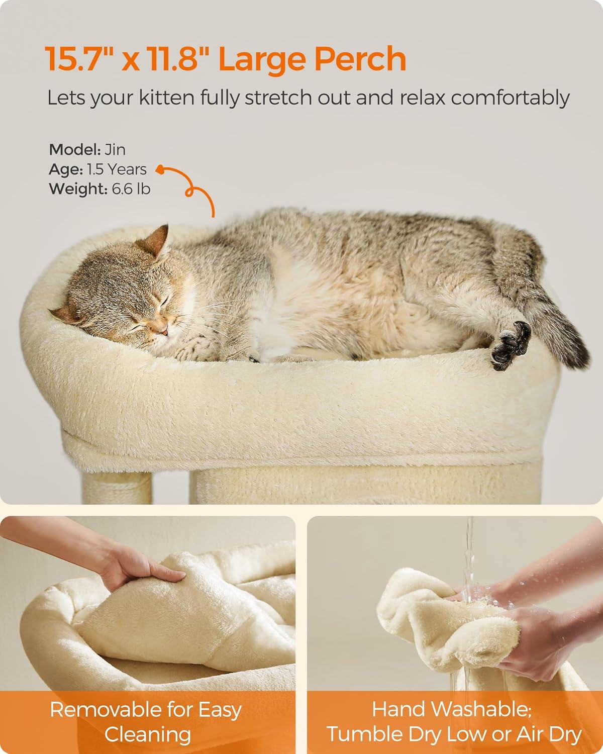 Feandrea Cat Tree, 26.4-Inch Cat Tower, Plush Condo for Kittens up to 7 lb, Large Perch, 2 Caves, Scratching Post, Beige UPCT611M01