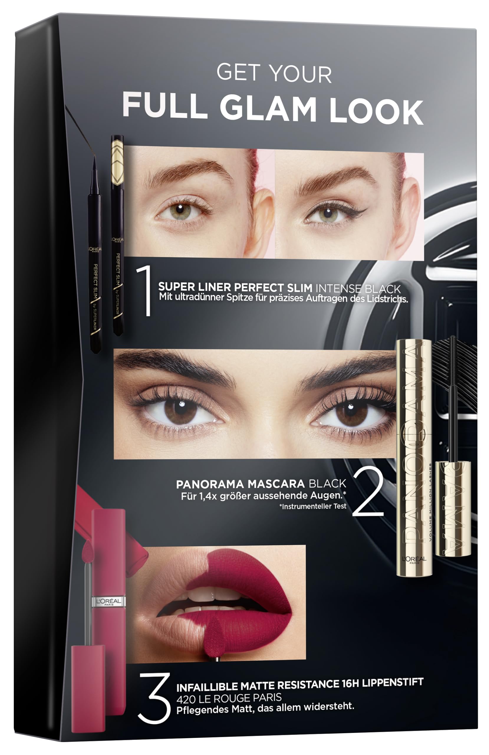 L'Oréal Paris Make-up Set mit Wimperntusche, Eyeliner und Lippenstift, Volume Million Lashes Mascara (schwarz), Infaillible Matte Resistance (rot), Superliner Perfect Slim (schwarz), 3-teilig