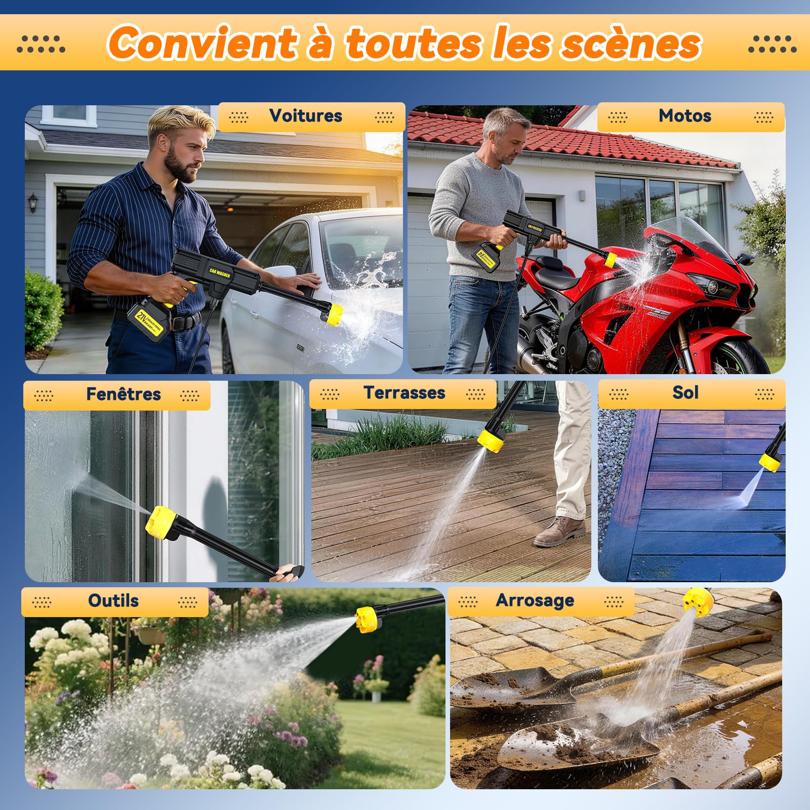 100Bar Nettoyeur Haute Pression sans Fil 2026, 6 en 1 Nettoyeur Haute Pression sur Batterie, débit de 240 L/h, Moteur en Cuivre Pur, 20 000 TR/Min, pour Voiture, Moto, Fenêtres et Terrasse