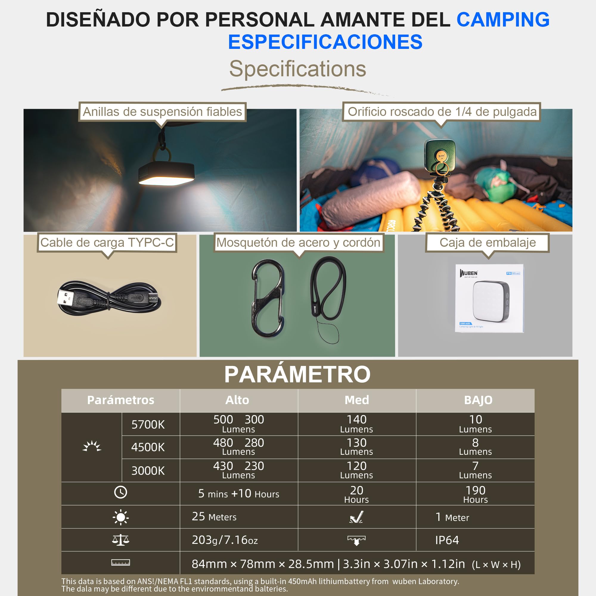 WUBEN F5 Lámpara Camping, Lámpara Camping LED Recargable, Linterna tienda Portátil, 3 modos de luz, IP64 resistente al agua, 500 lúmenes, para acampar, leer, tienda de campaña, senderismo, emergencia