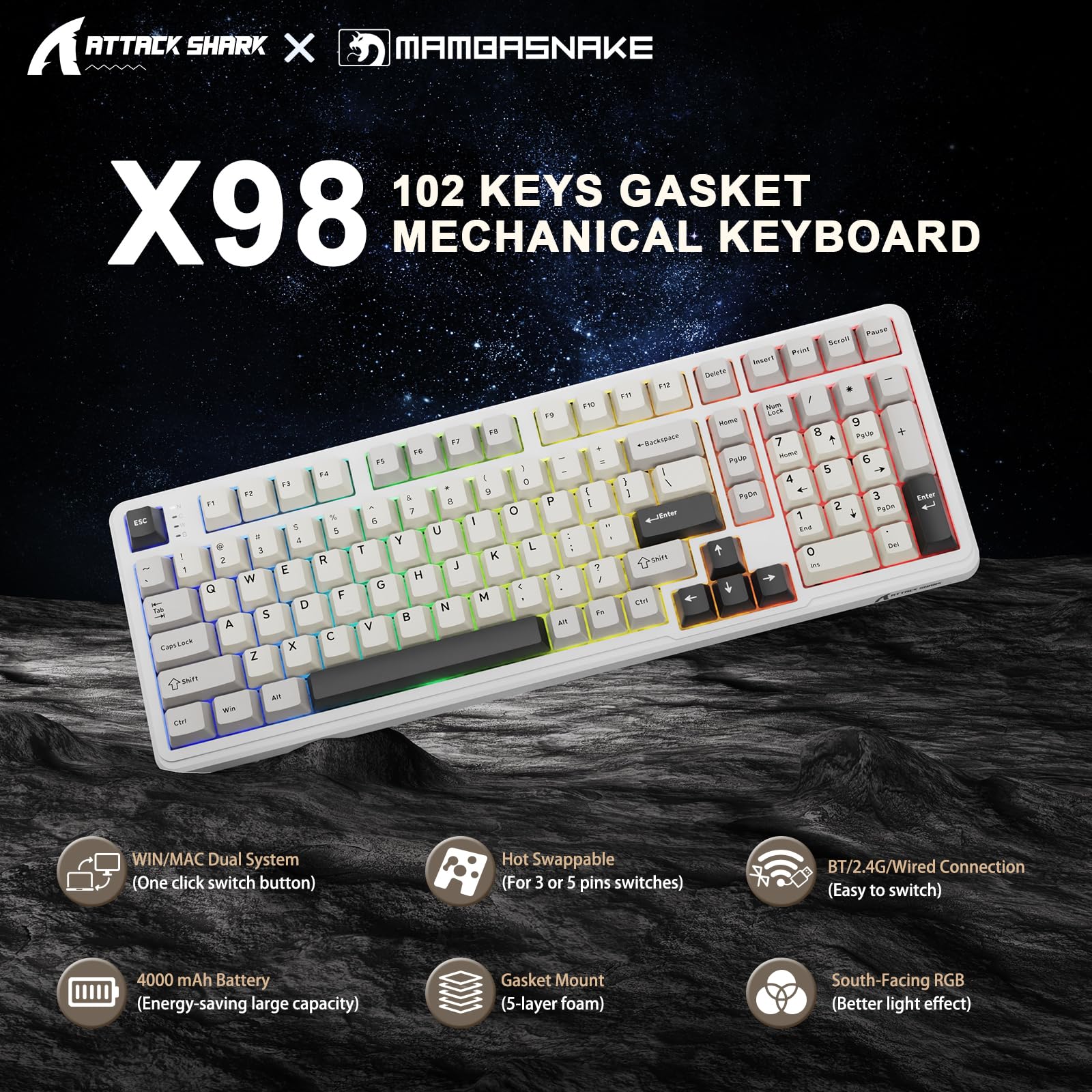 MAMBASNAKE x Attack Shark X98 Tastiera meccanica Gasket 102 tasti, tastiera da gioco wireless con cavo a spirale, Tri-Mode 2.4G/BT/USB-C, switch lineare hot-swap, RGB, NKRO per Win/Mac (bianca)