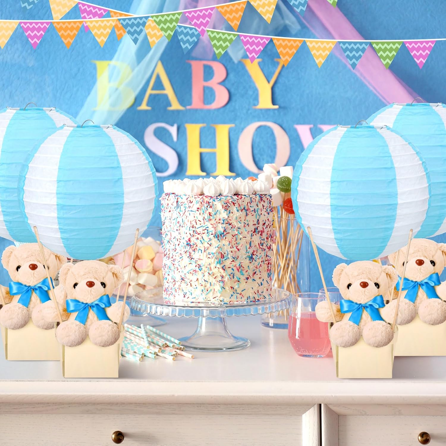 Baquler 12 Sets Baby Shower Hot Air Balloon Table Centerpieces DIY Paper Lanterns Stuffed Plush Bear Wooden Baskets for Wedding Birthday Gender Reveal(Blue)