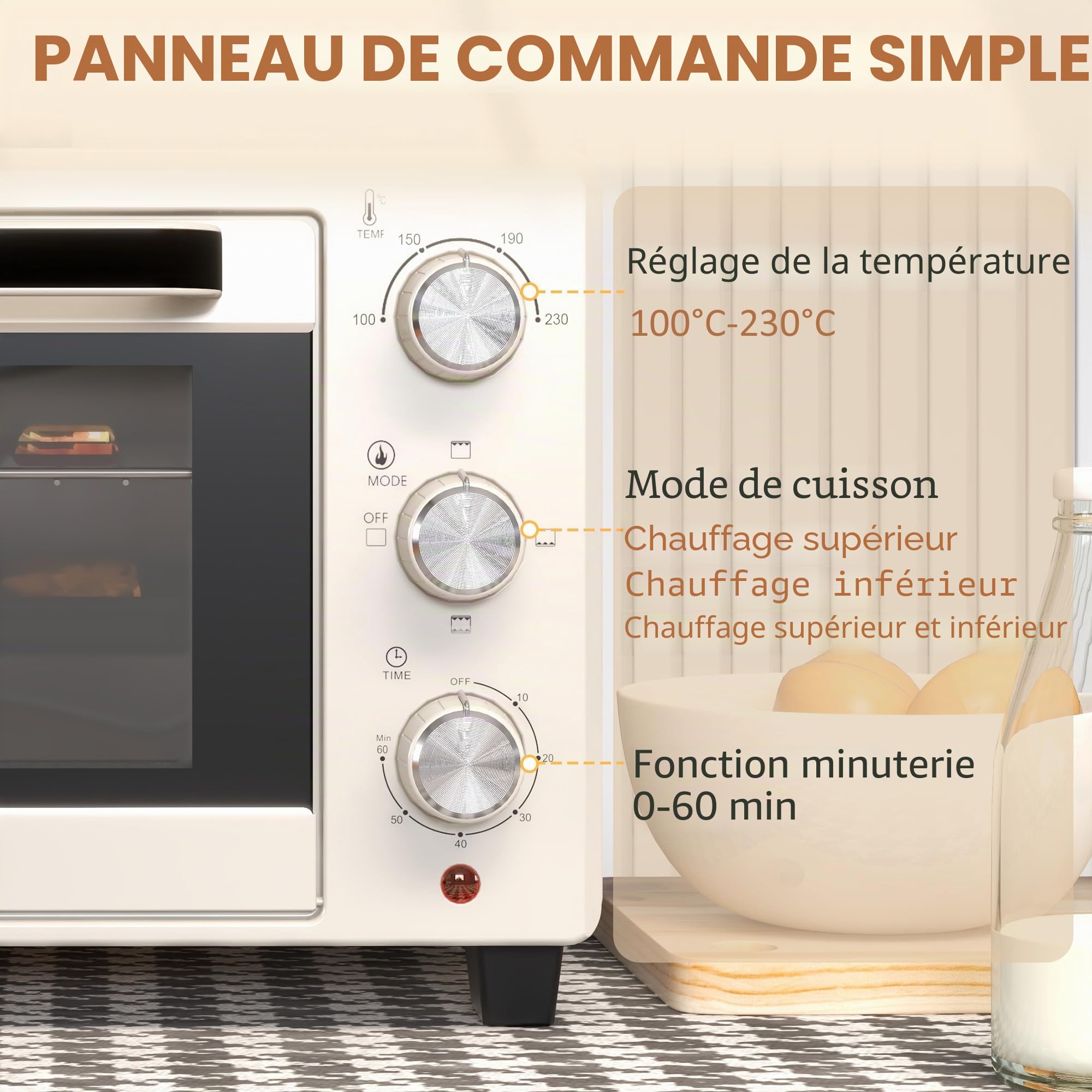 HOMCOM Mini four à pizza de 21 l, miniofen inkl. Backblech, Grillrost und Krümmelblech, 1400W Tischbackofen mit 1h Timer, Ofenrost, 100-230℃, Metall, Creme