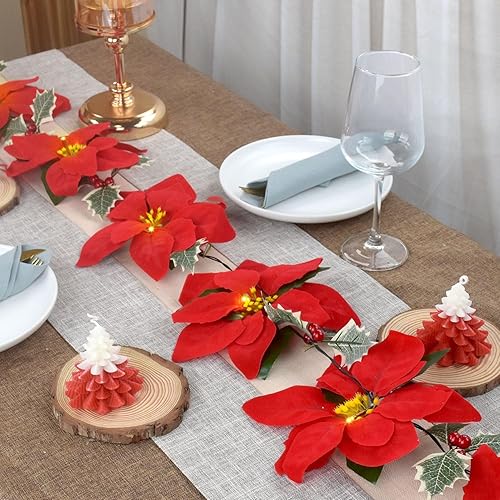 Miniatura 8 de Paquete de 2 guirnaldas de Pascua con luces, flores artificiales de seda de terciopelo preiluminadas, guirnalda de 6 pies con bayas rojas y hojas de