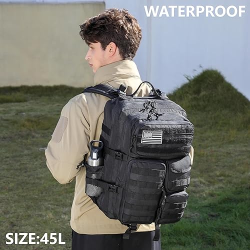 Miniatura 4 de Mochila táctica para hombre, mochila impermeable militar con múltiples bolsillos y equipo táctico para aventuras al aire libre, Camuflaje Negro,