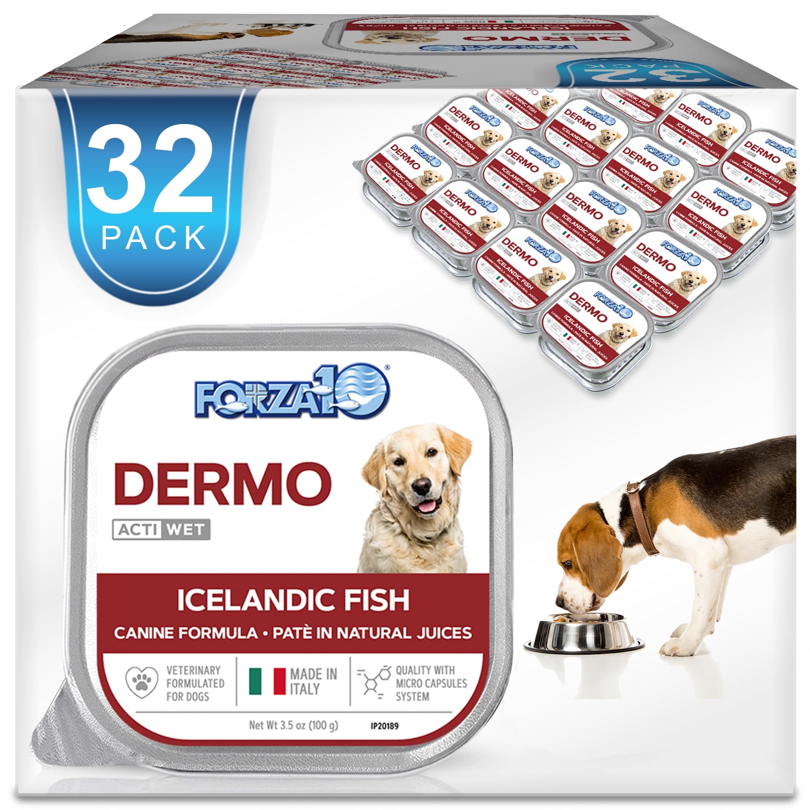 Forza10Actiwet Dermo Wet Dog Food, Omega 3 Canned Dog Food Sensitive Skin Health, Dry Skin Fur Loss, 3.5 oz, Fish Flavor, Adult Dogs (32 Pack)