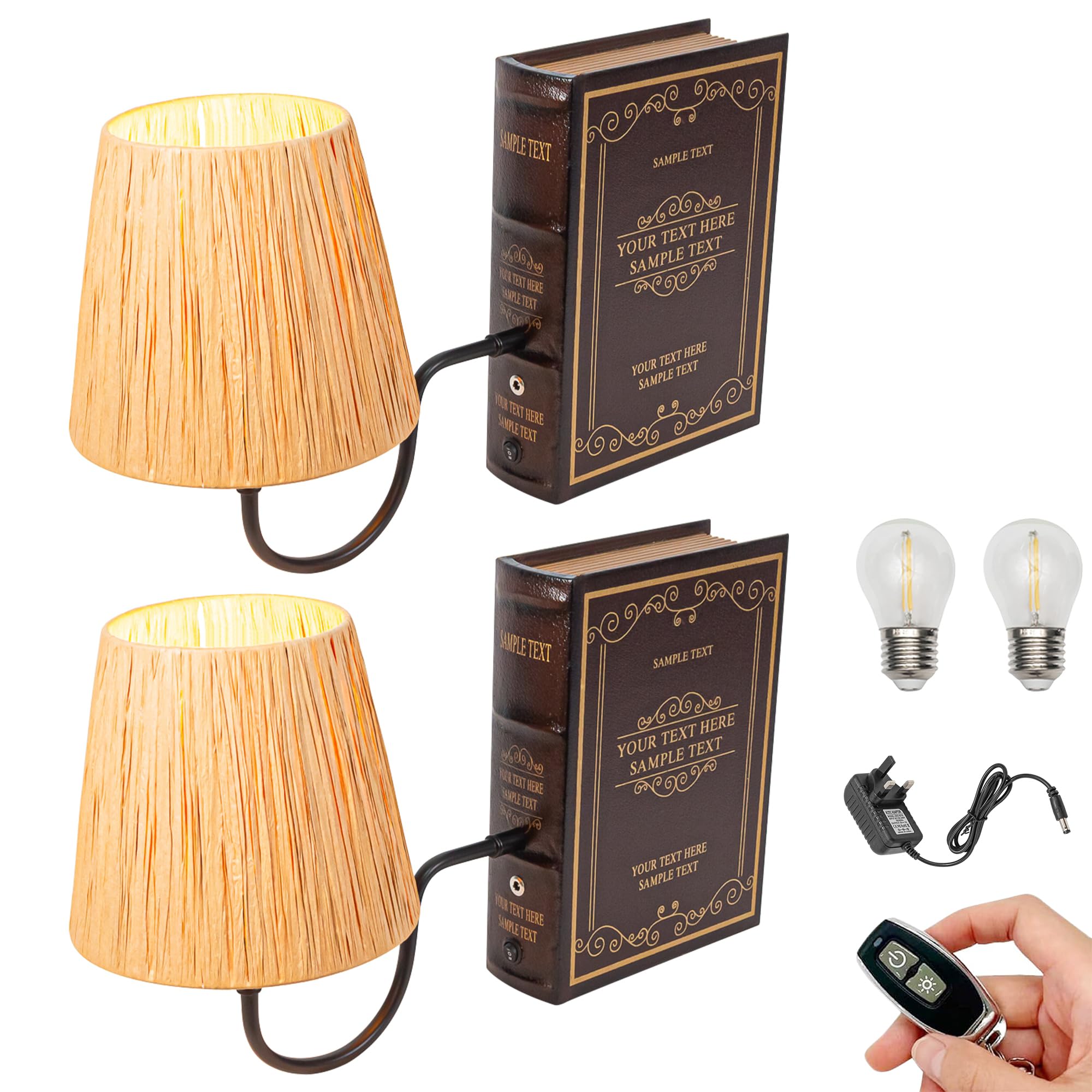 FSLiving Cordless Table Lamp, Set of 2 Rechargeable Bookshelf Lamp with Beige Fabric Lampshade, Farmhouse Decorative Bookend, Battery Lamp for Office Home Decor Bedside Bookshelf - TD0628
