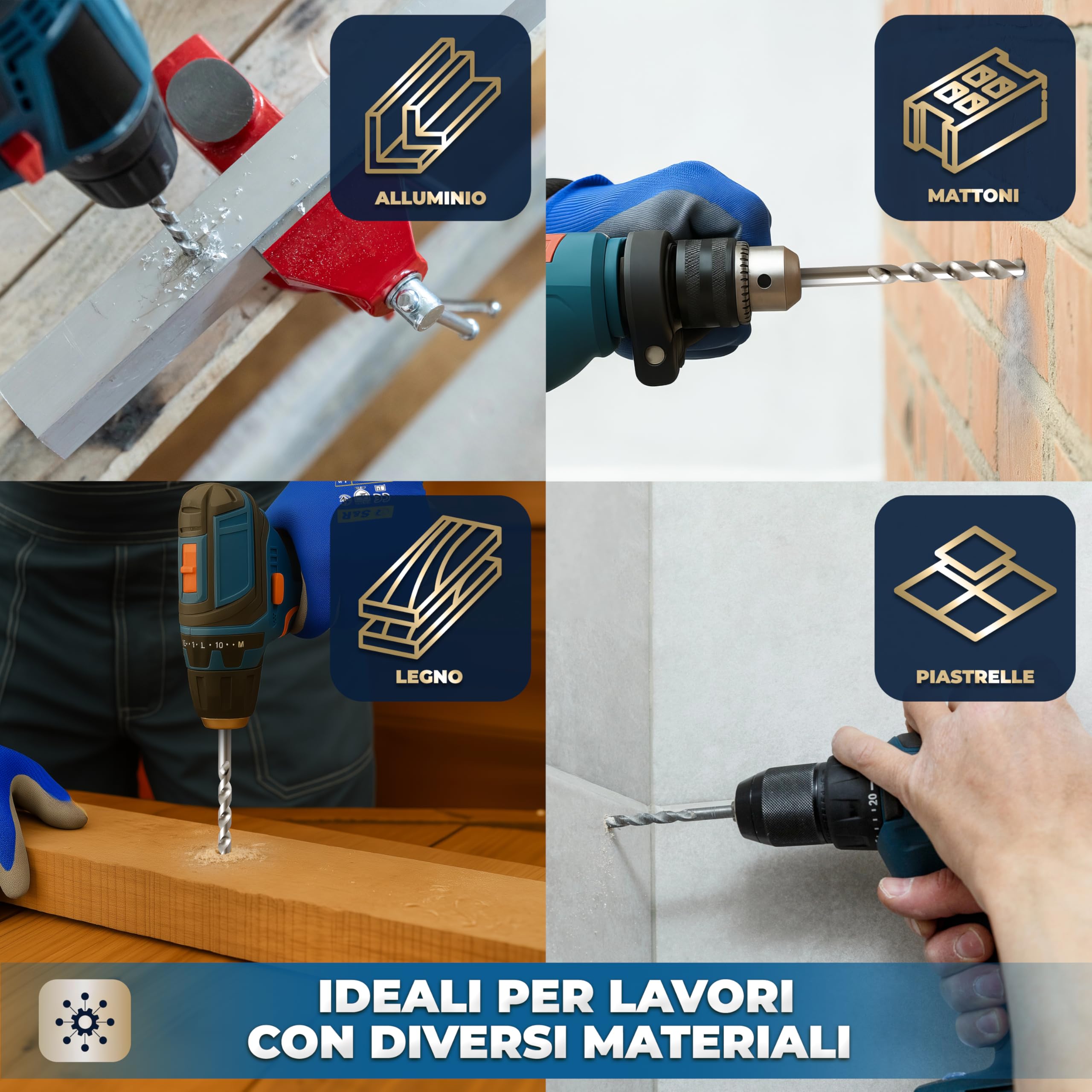 S&R 7 Punte Trapano per Muratura, Muro, Cemento. Set di Punte Miste per Ferro Metallo, Legno, Ceramica. Punte a Percussione con Attacco Rotondo.