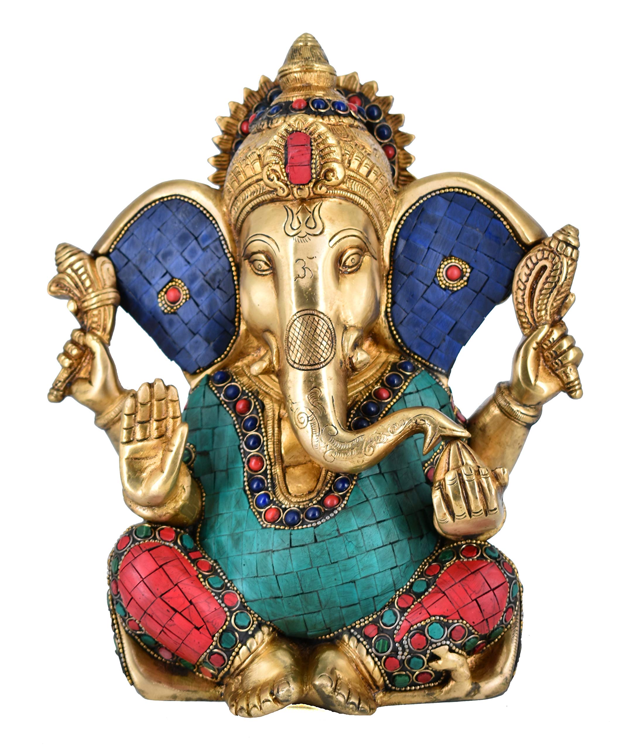 Whitewhale Lord Ganesh Murti Ganesha Idol Ganpati Brass Statue with Multicolor Stone Work for Home Decoration Showpiece