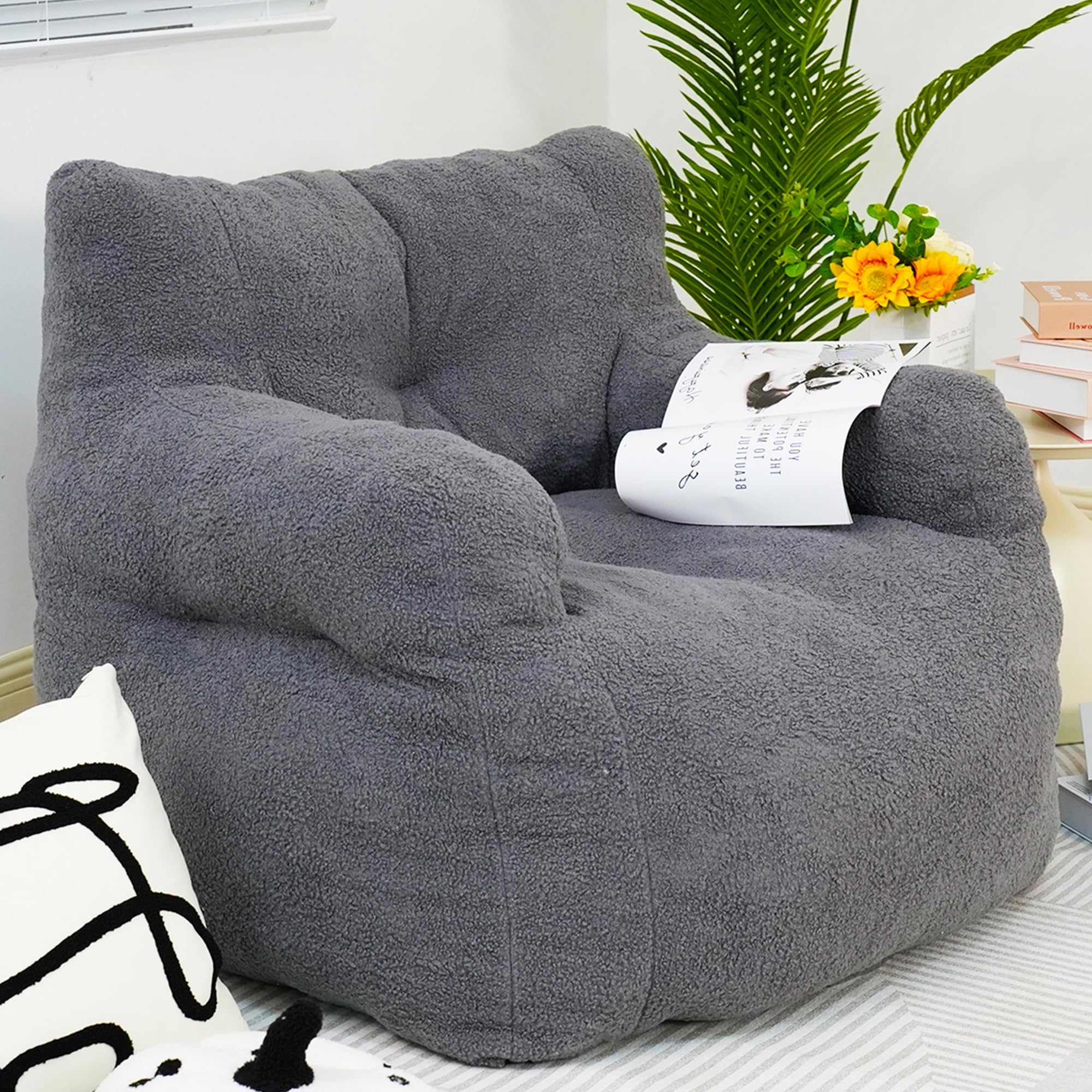 DKLGG Bean Bag Chairs for Adults, Giant Bean Bag Chair with Filler Included Faux Fur Bean Bag Sofa Memory Foam Large Bean Bag Chair with Armrest for Living Room, Bedroom, Gaming Room, Lounge, Grey
