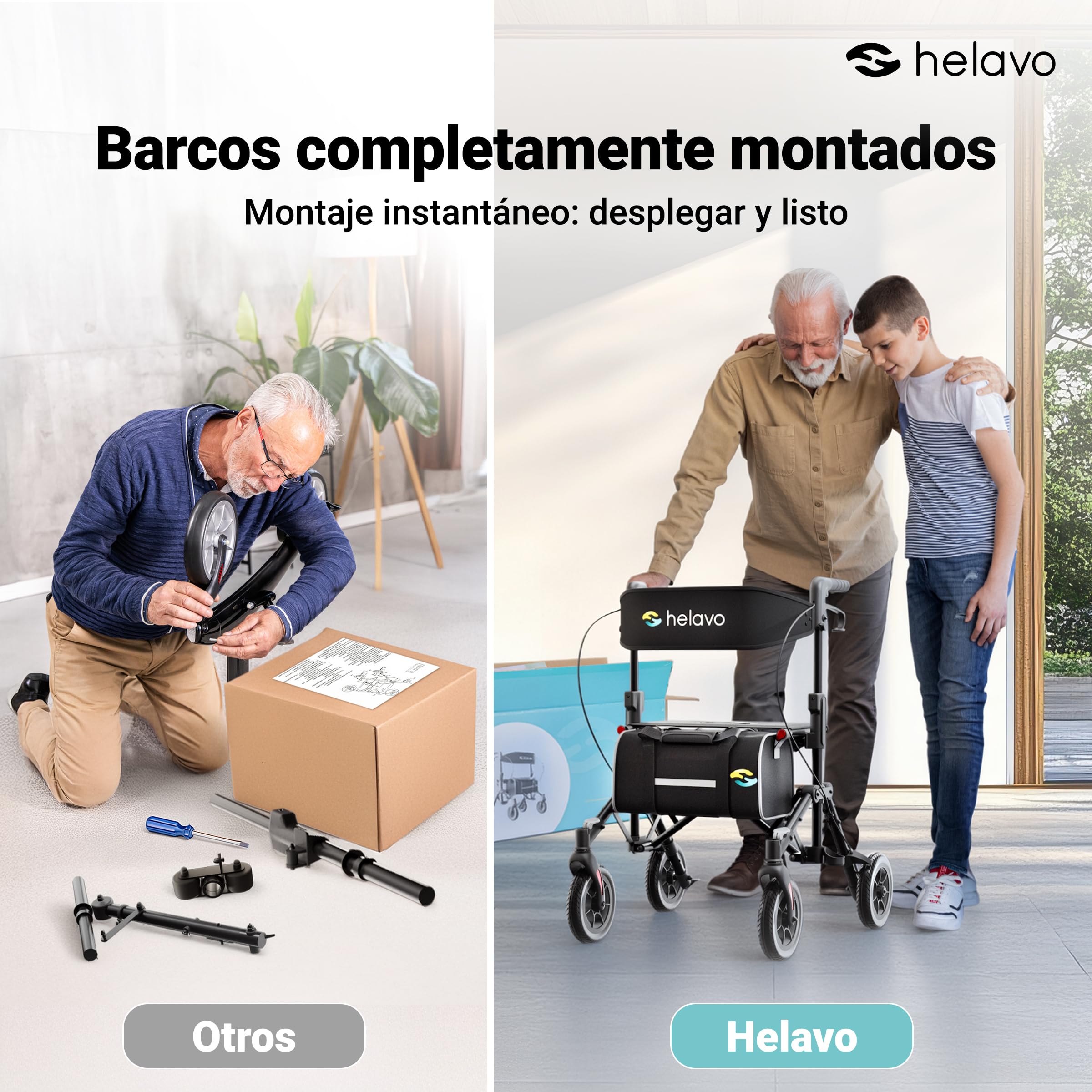 Helavo Andador de viaje plegable y ligero con asiento para personas mayores, andador doble plegable completamente premontado, ruedas de poliuretano de 8 pulgadas, asas ajustables en altura