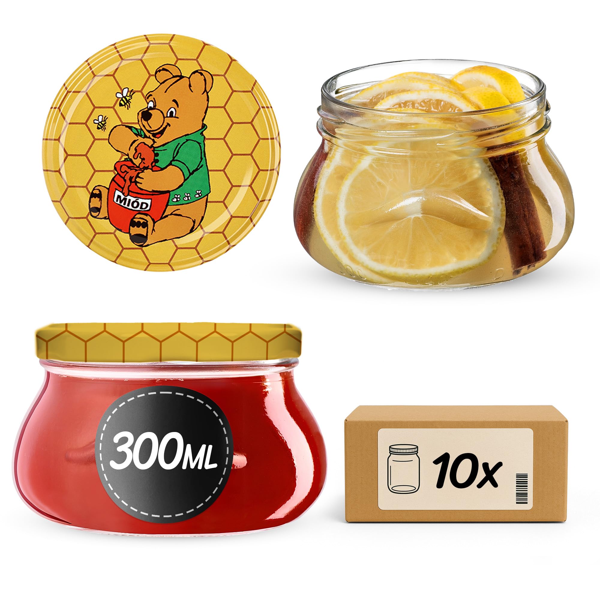 KADAX 10er Set Marmeladengläser 300ml TO82 Winnie Puuh, Einmachgläser Vorratsgläser Mason Jar mit Schraubdeckel, Luftdichte Schraubgläser, Honig & Konfitüre