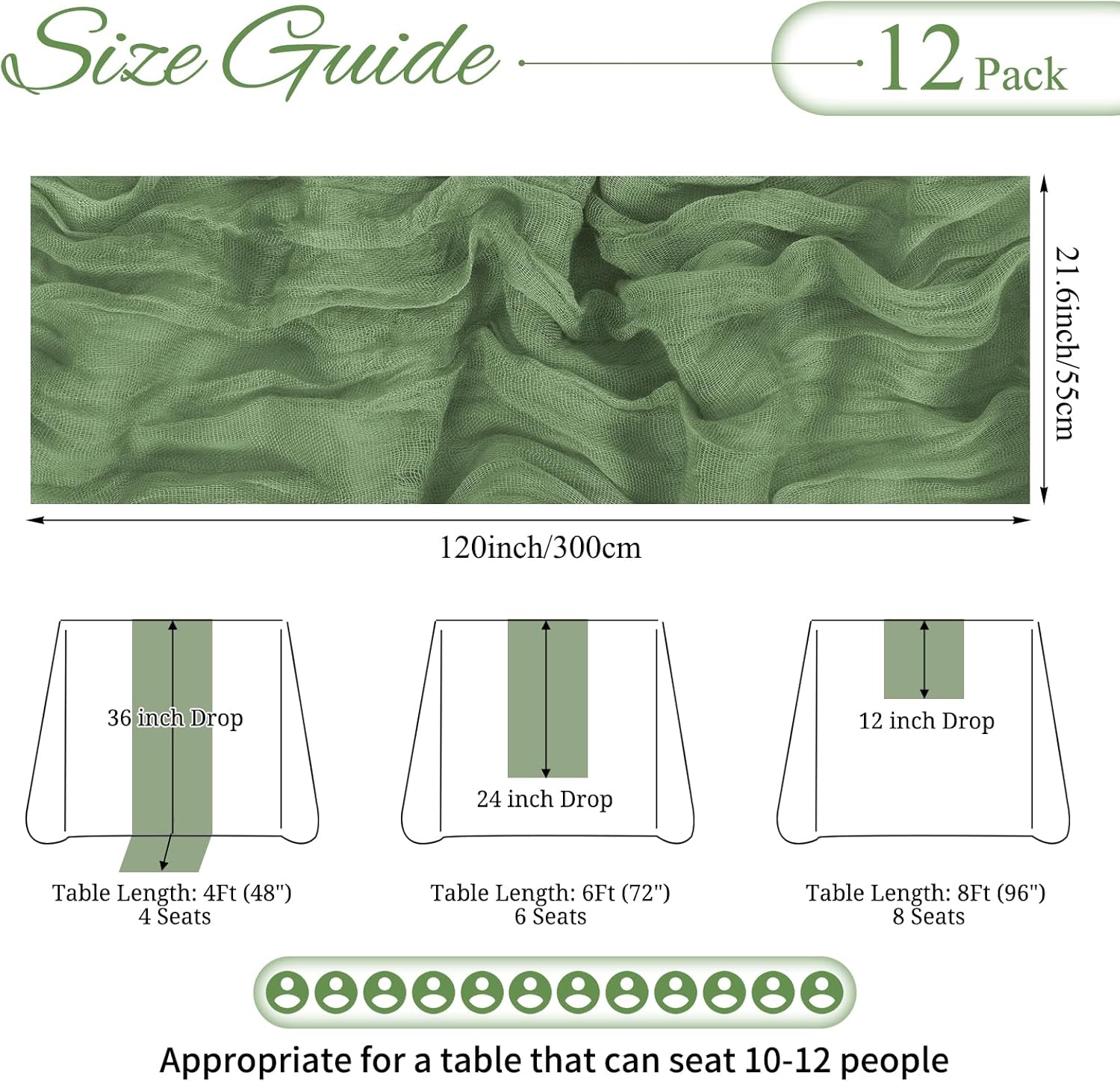 12 Pack Sage Green Cheesecloth Table Runner 10FT Boho Gauze Cheese Cloth Table Runner Rustic Sheer Fabric Table Runners for Wedding Bridal Shower Baby Shower Party(21.5×120 Inch)