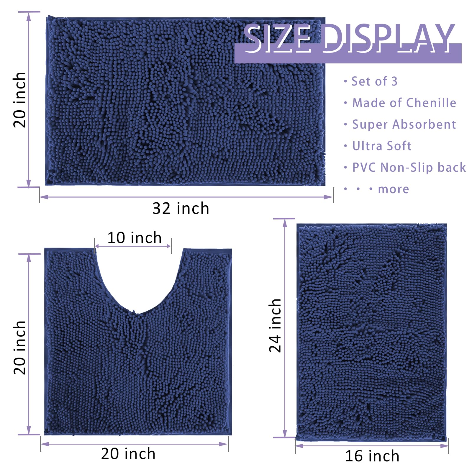 Lot de 3 tapis de salle de bain antidérapants et lavables en chenille à poils longs, doux et secs, bleu indigo