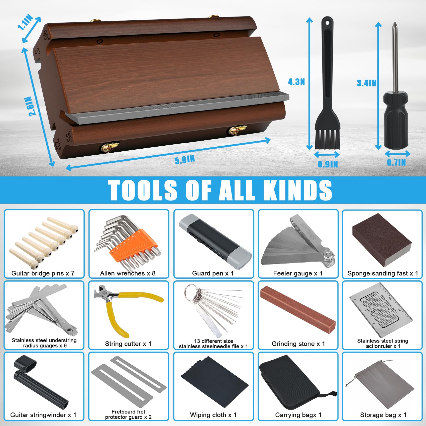 3/23/35/90 Degree Fret End Beveling File with Guitar Repairing Maintenance Tool Kit, 57Pcs 4 in 1 fret file Care Set of Tools For Acoustic Guitar Electric Ukulele Bass Banjo,Guitar Gift for Enthusiast