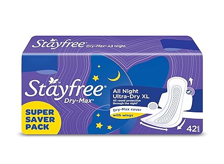 Stayfree Dry Max All Night XL Dry Cover Sanitary Pads For Women With Wings, 42 pieces