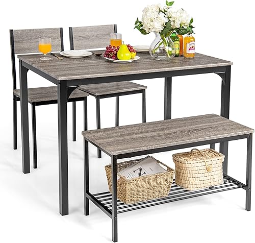 Juego de mesa de comedor Giantex para 4, mesa de cocina con banco y sillas, juego de mesa de comedor con banco para reuniones industriales con marco