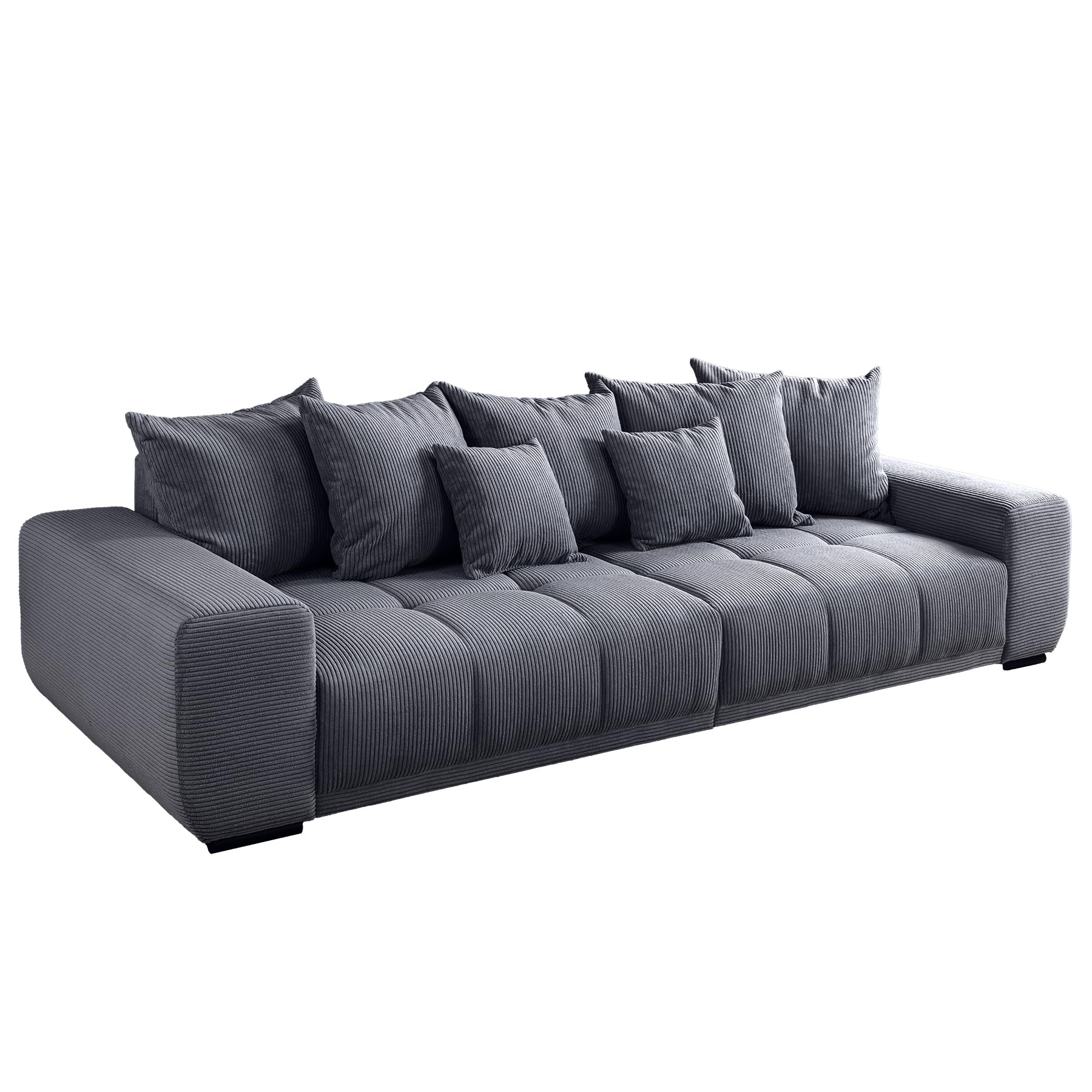 XXL Sofa ELEGANCIA - 285cm - anthrazit - Cord - Federkern mit Kissen | 7 Kissen, Buchenholzgestell, Ziersteppung, zeitloser Stil, Rundum-Bezug, pflegeleicht