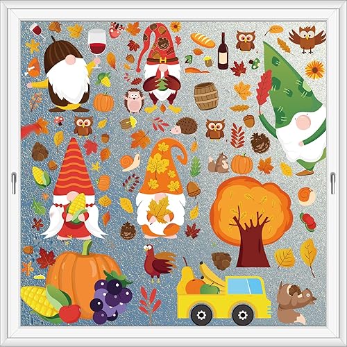 Miniatura 2 de Adhesivos de gnomo de otoño para ventana de cristal, 9 hojas de Acción de Gracias, calcomanías de calabaza de doble cara, decoración para el hogar,