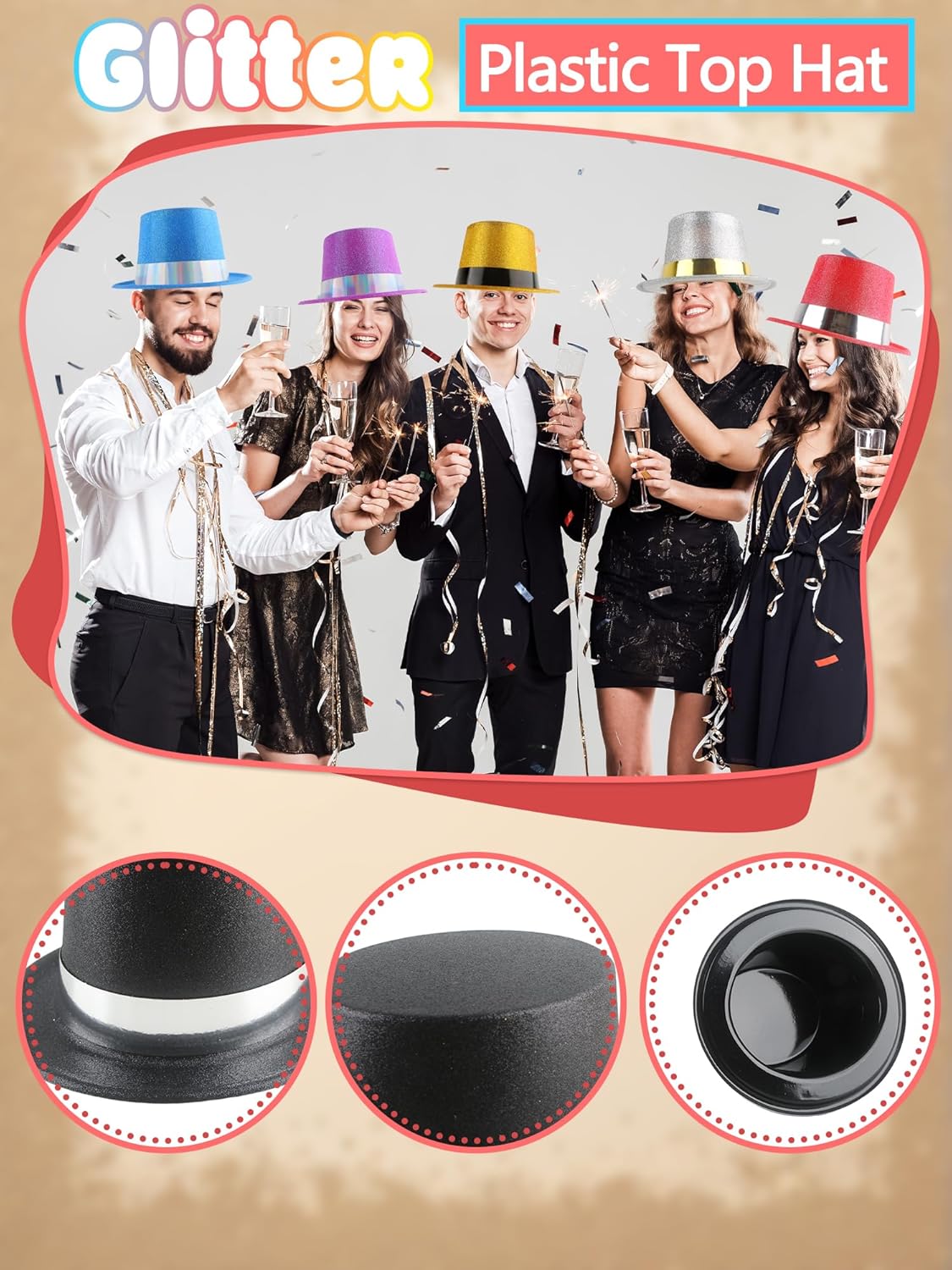 12 Pcs Glitter Top Hats Bulk Plastic Top Hats with Band Shiny Magician Tall Hat for Halloween Cosplay Carnival Party