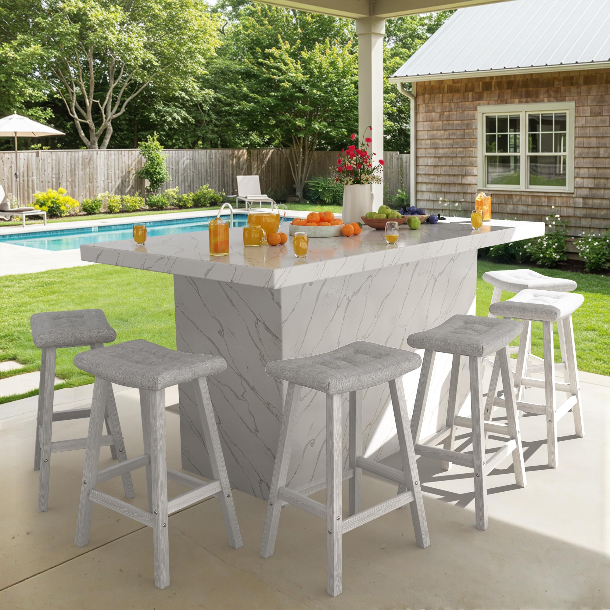 Ciokea 6 Set 29" Outdoor Bar Stools with Cushions, Heavy Duty HDPE Outdoor Stools Weatherproof Waterproof Patio Seats Modern Bar Height Tall BarStools for Bar Deck Balcony Kitchen Yard, White