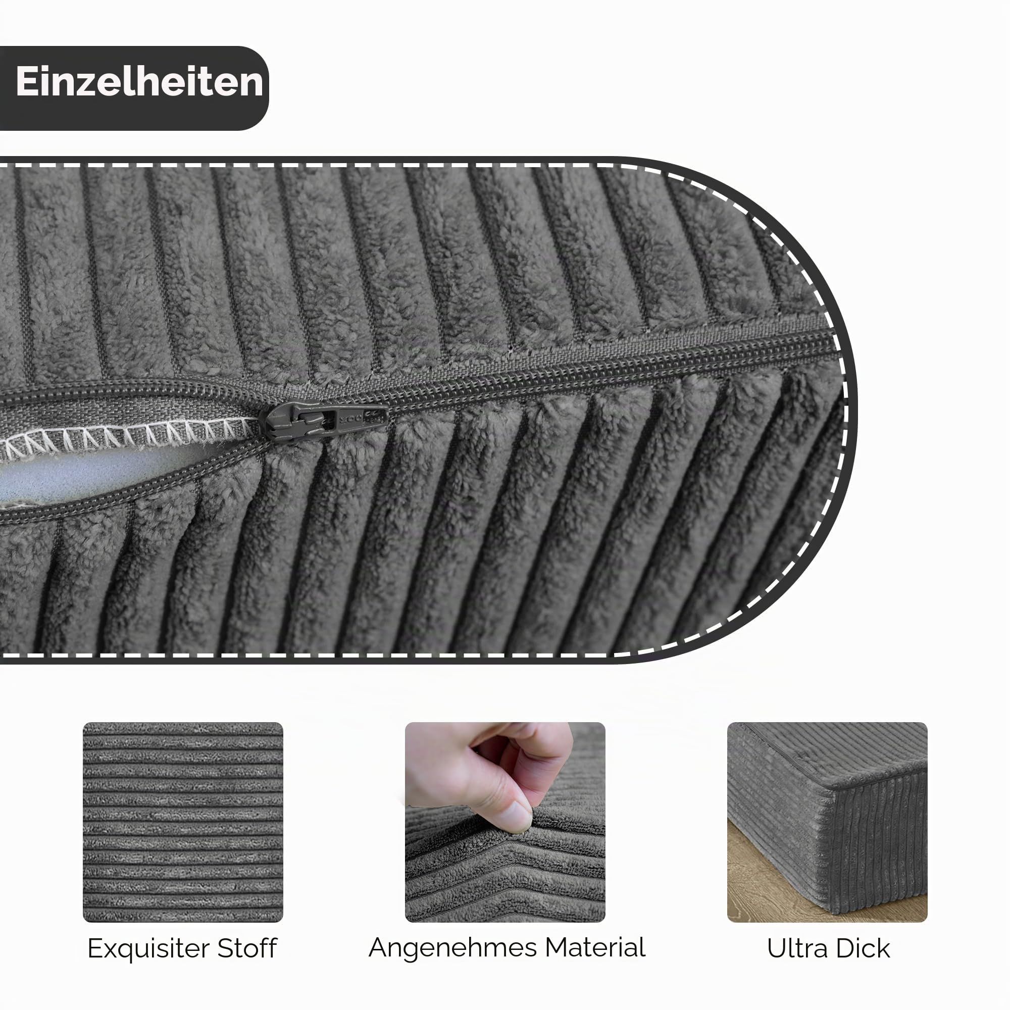 MAXYOYO Klappbare Cord-Matratze, dreifach Faltbare Bodenmatratze, 15 cm dick, mit waschbarem Bezug, in DREI Teile faltbar, platzsparend für Gäste (Anthrazit, Doppelbett)