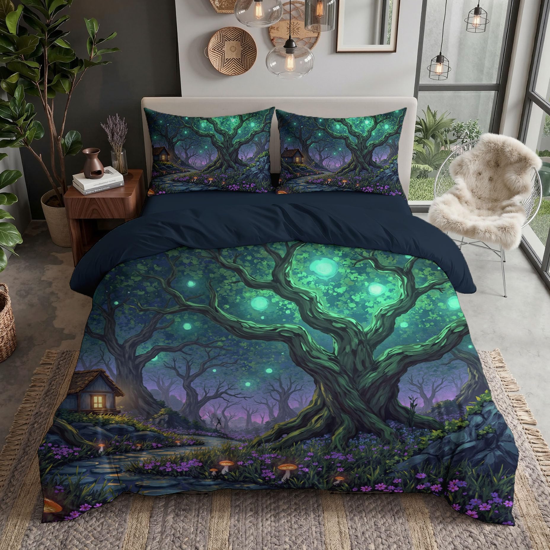Bettwäsche 155x220cm Hütte Bäume 3 Teilig Wendebettwäsche Set | Märchen Wald Microfaser Deckenbezug, Grün Lila Bettbezug mit Reißverschluss und 2 Kopfkissenbezug 80 x 80 cm