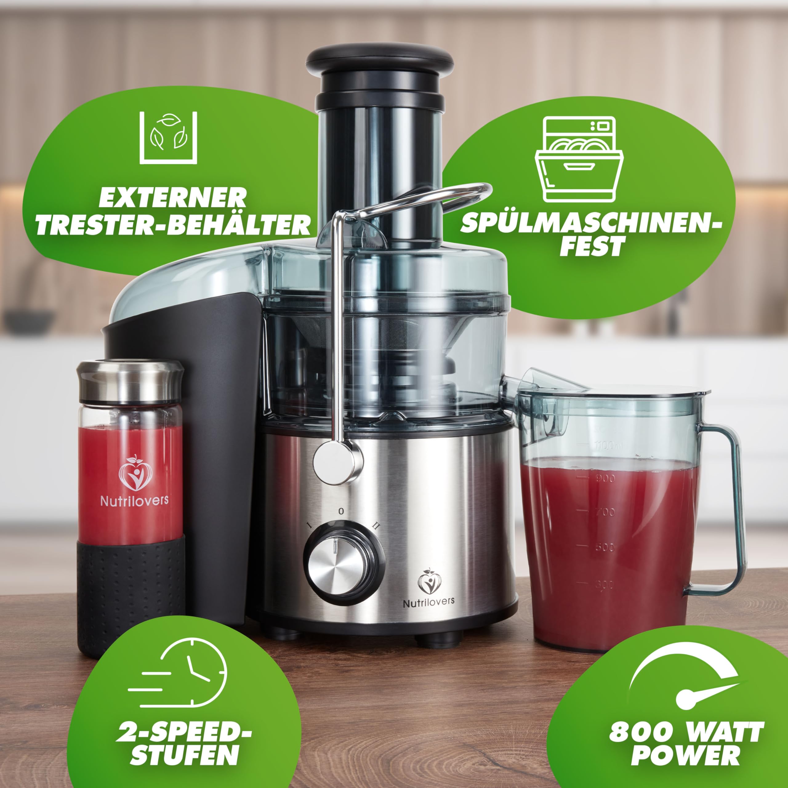Nutrilovers QUICK-JUICER MAX sokowirówka do owoców i warzyw, otwór wsypowy XXL, sitko ze stali nierdzewnej, zewnętrzny pojemnik na wytłoczyny, 800 W, w zestawie bez BPA, w zestawie butelka na napoje +