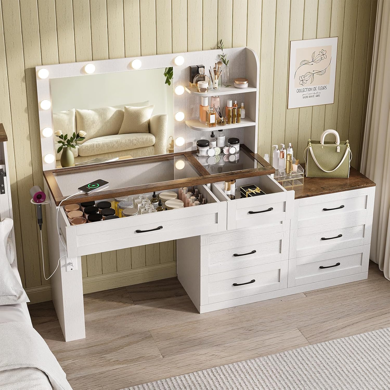 Vanity desk with all drawers open, showcasing organized storage for cosmetics, jewelry, and other items.