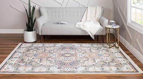 Miniatura 3 de Unique Loom Narenj Collection - Alfombra clásica con diseño texturizado de medallón, 5 x 8 pies, color marfil y azul