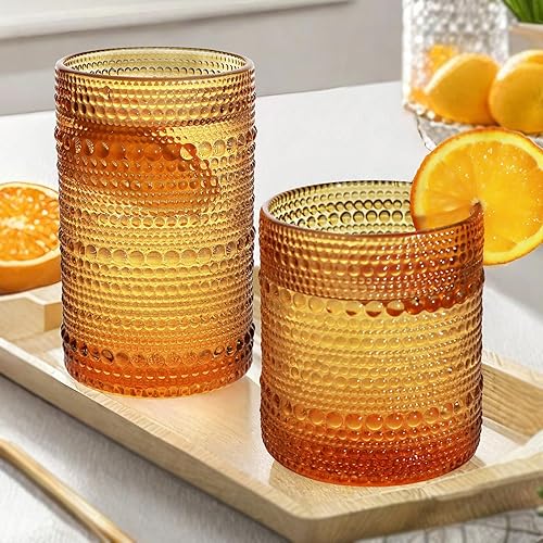 Juego de 8 vasos de bebida vintage Hobnail para beber, vasos altos de 12 onzas y 10 onzas, vaso para cócteles, whisky, jugo, leche