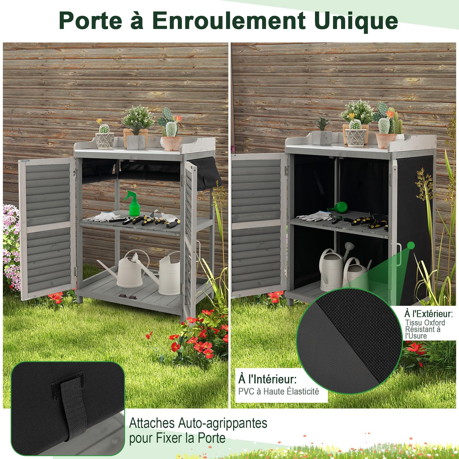 GOPLUS Table de Rempotage de Jardin en Bois de Sapin, 67 x 46 x 99,5 CM, Armoire de Rangement Extérieur, Plateau en Métal, Étagère, 2 Porte Magnétique Persiennes, Rideaux Latéraux, pour Outil, Plante